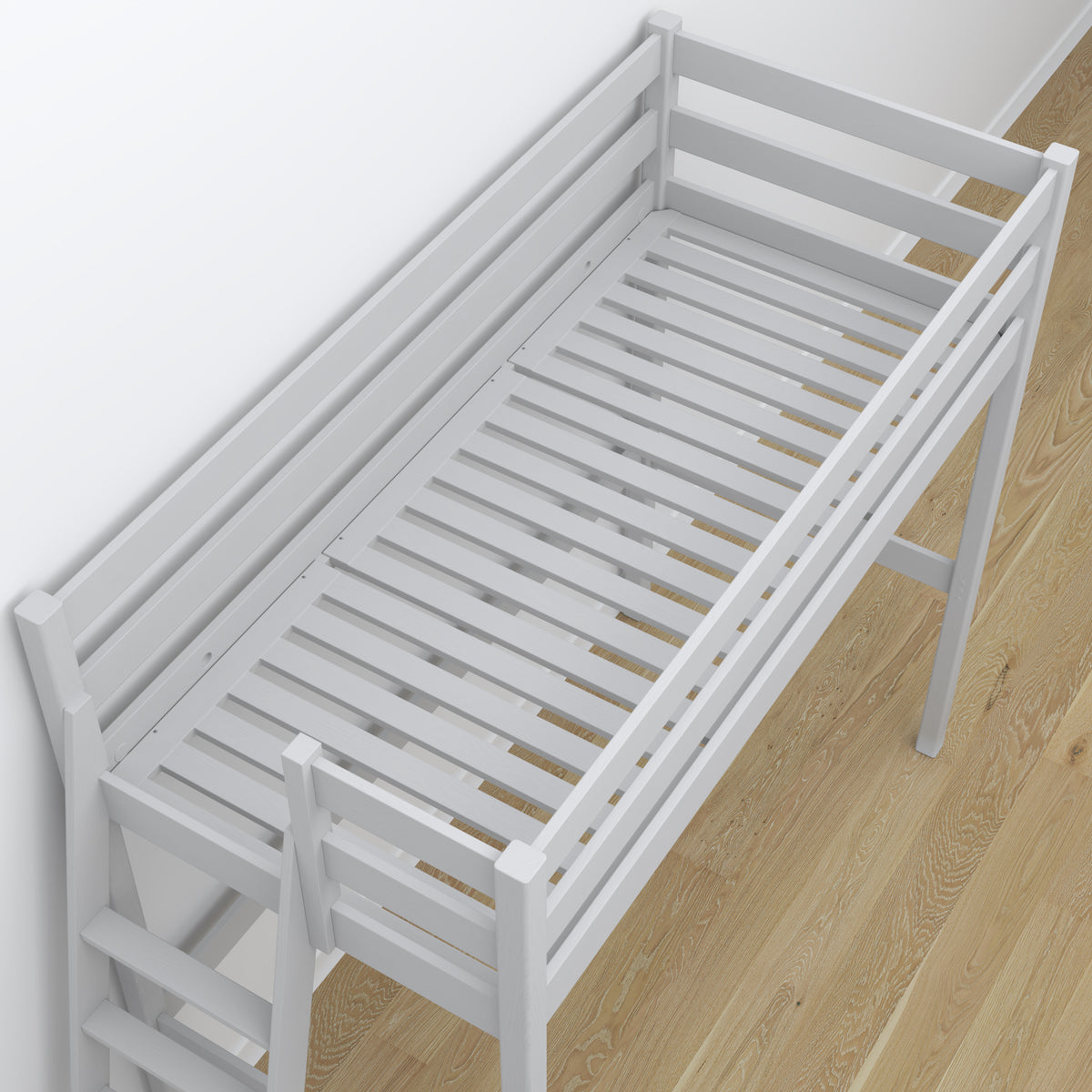 Grey Wooden Loft Bed with Desk – Ladder and Joint Details