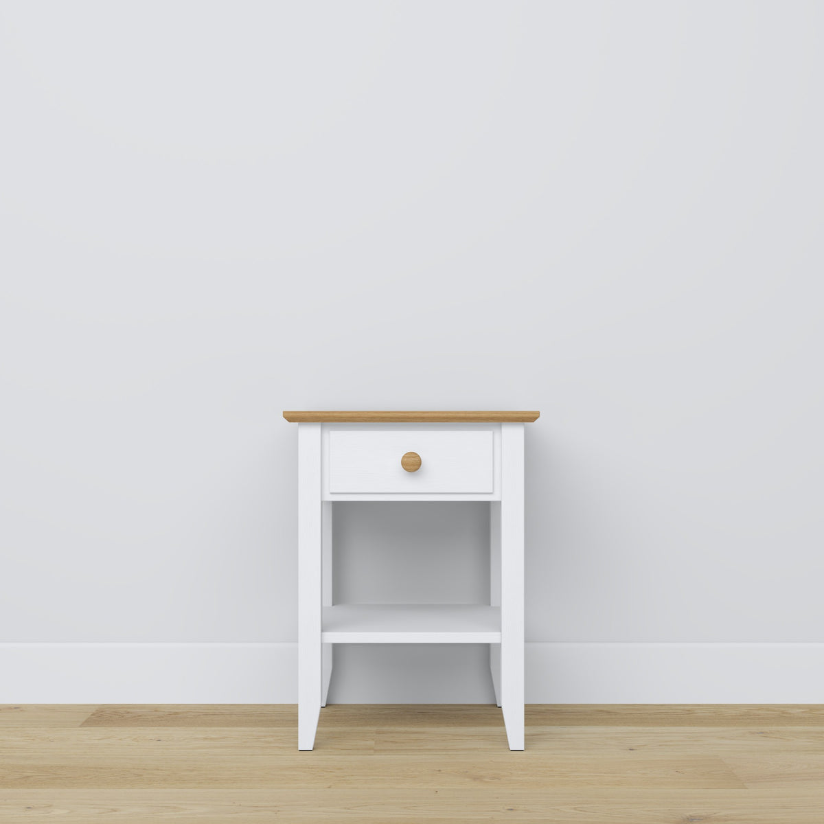Bedside table with drawer N01 wooden white with oak – bedroom, Scandinavian style