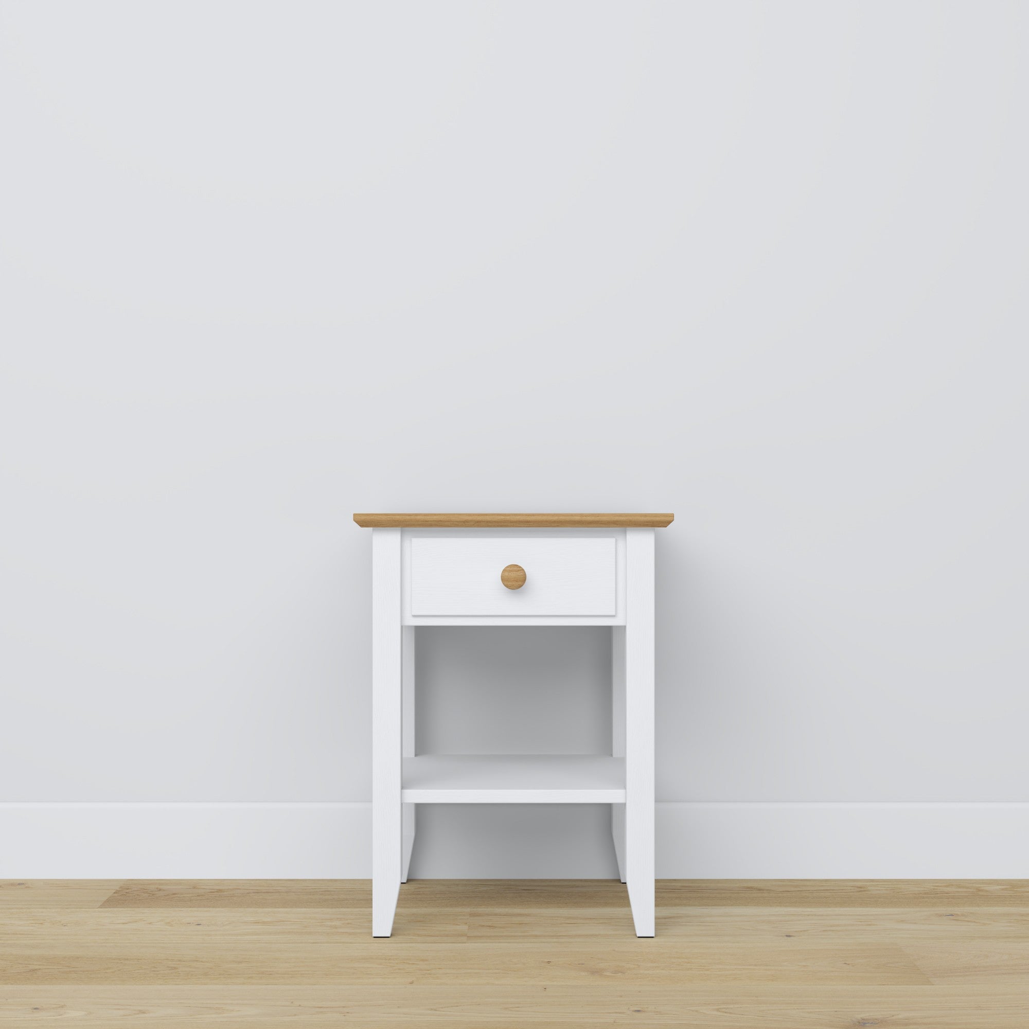 Bedside table with drawer N01 wooden white with oak – bedroom, Scandinavian style