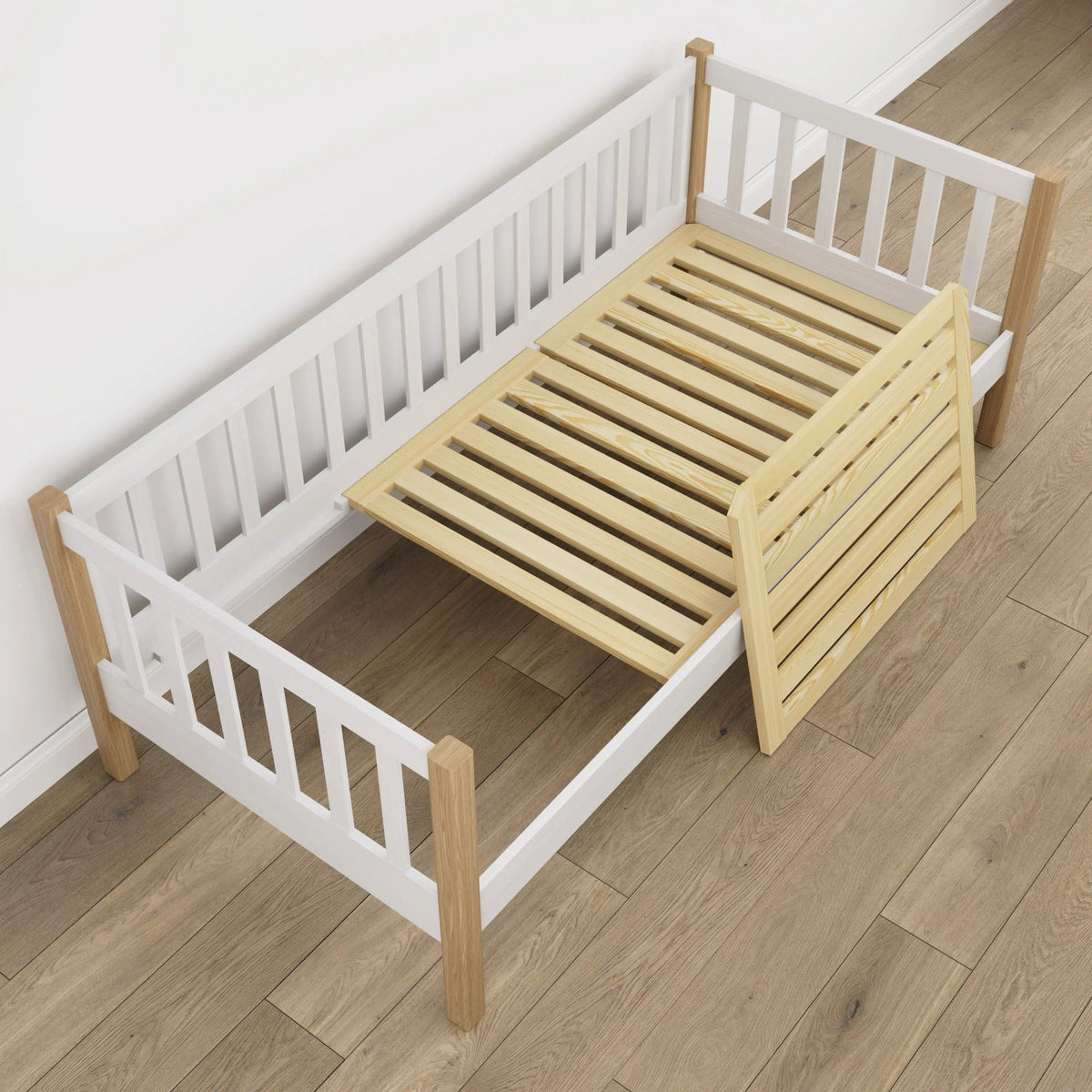 Sofa bed wooden white with oak – angled view, Scandinavian style