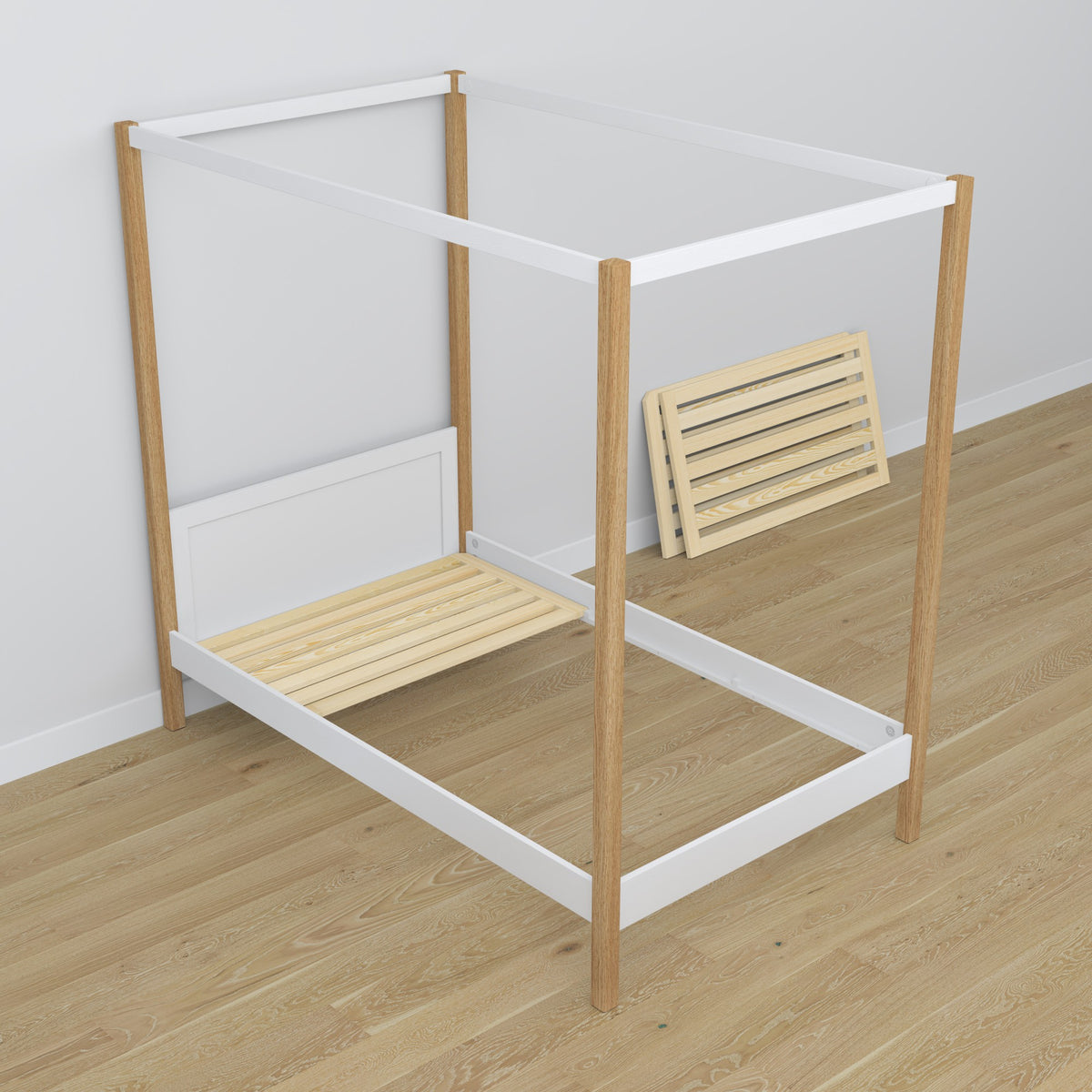 Bed white/oak canopy bed – wooden details and joints, Nizio Home