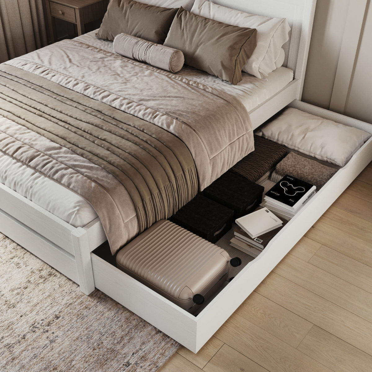 Double bed white – wooden headboard, wood quality, Nizio Home