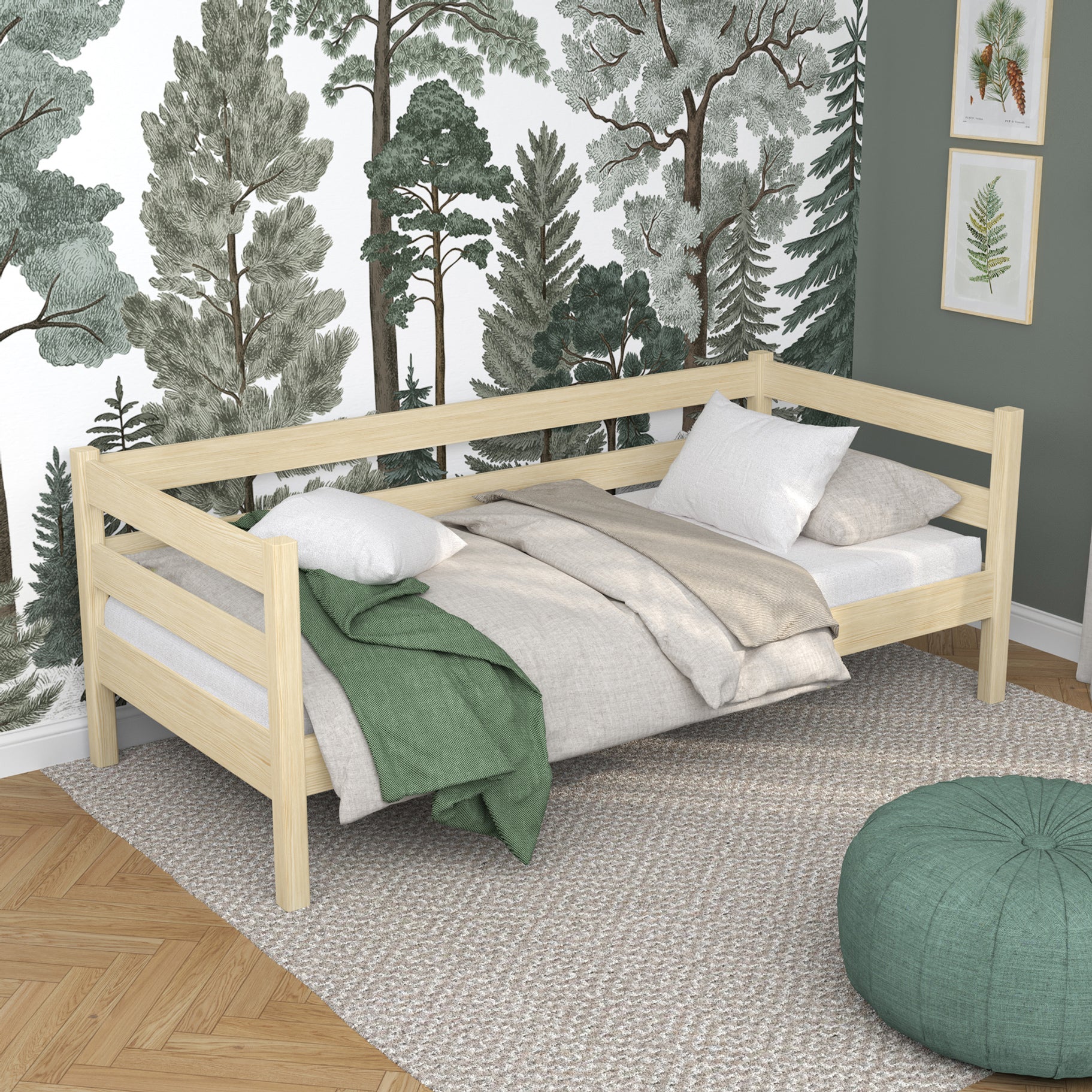 Łóżko sofa sosna bezbarwna w pokoju dziecięcym – aranżacja scandi, drewniane