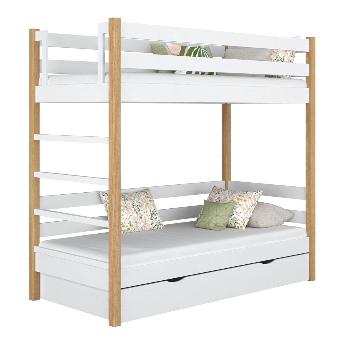 White and Oak Wooden Bunk Bed with Drawer – Children’s Room, Solid Wood, Scandi
