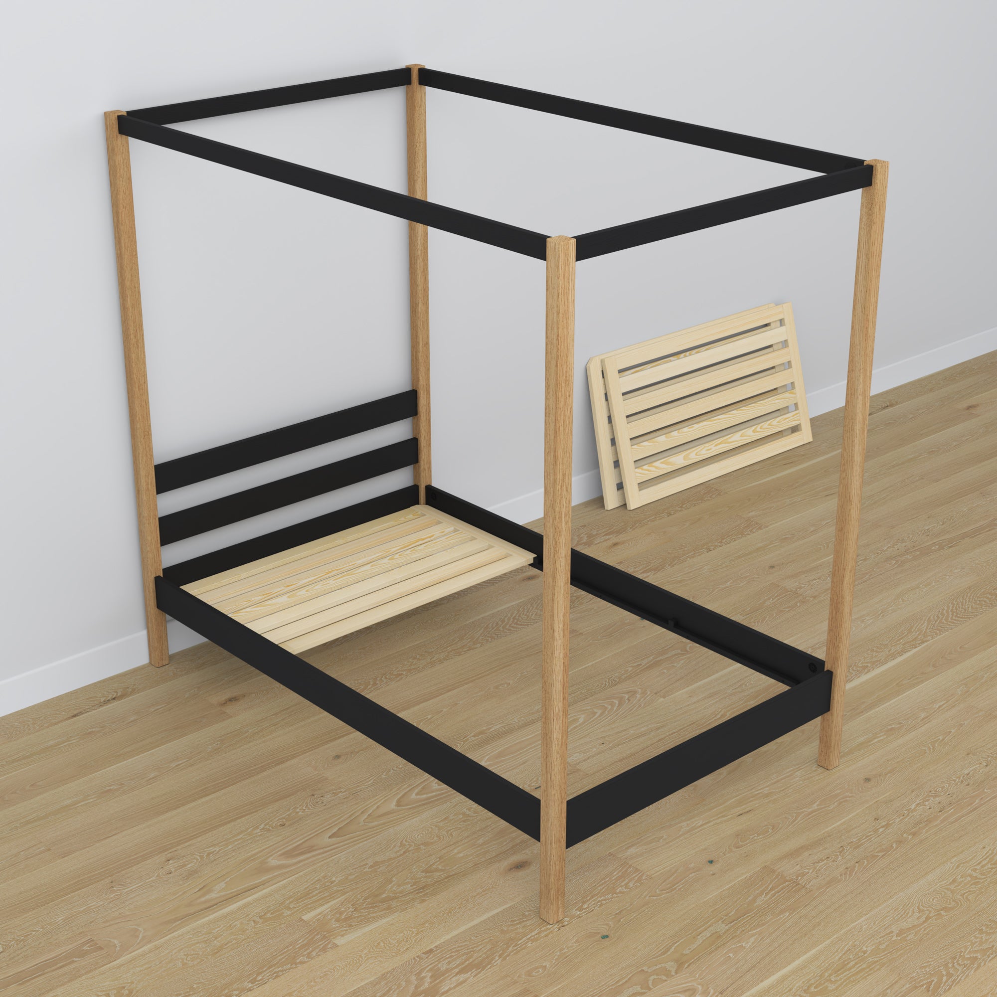 Black-oak canopy bed with drawer made of wood – dimensions, Nizio
