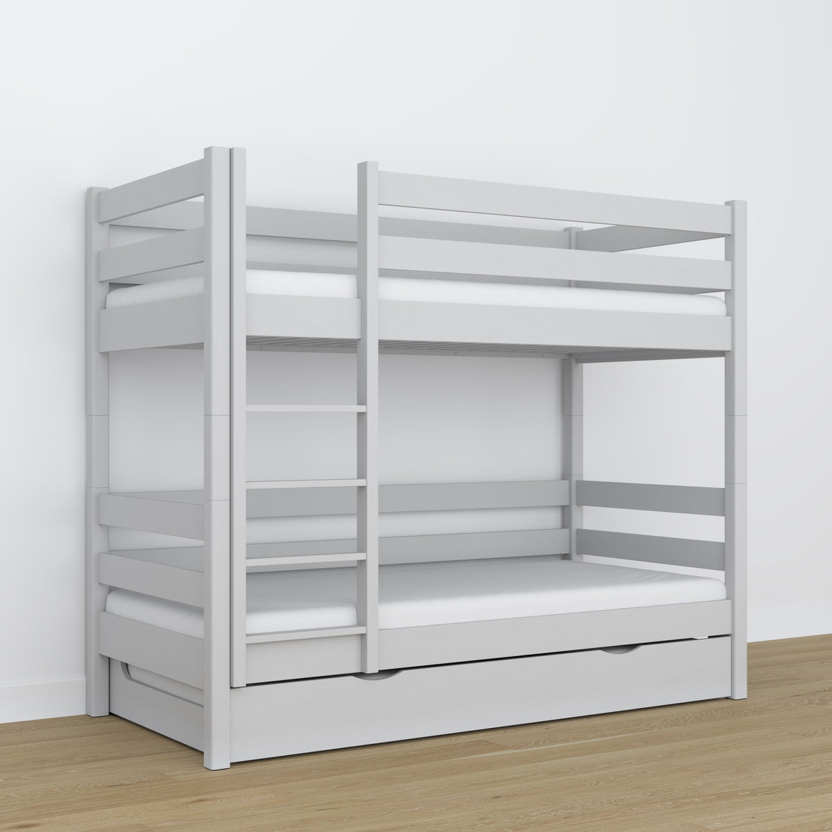 Grey Bunk Bed – Wooden Slatted Frame, Mattress Drawer