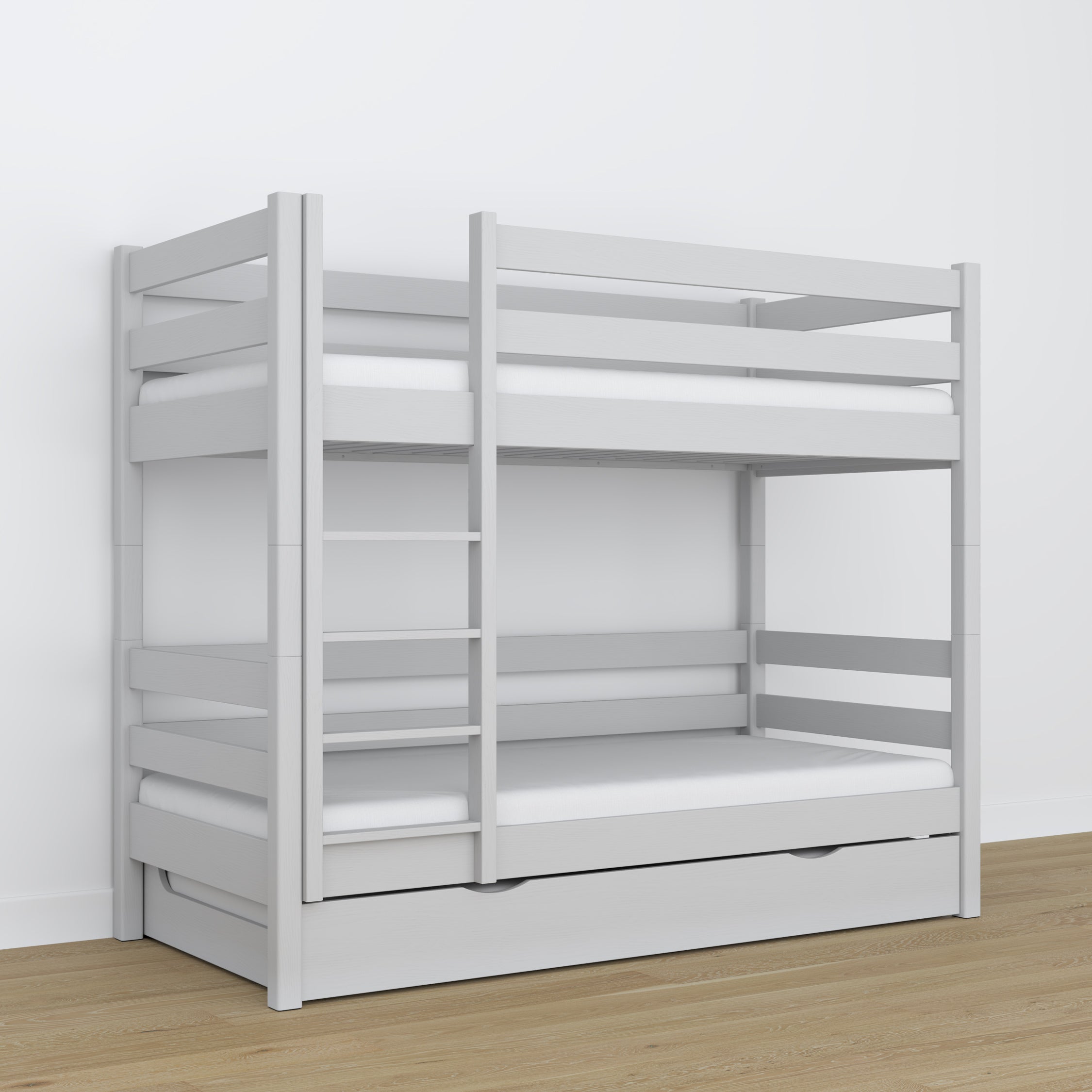 Grey Bunk Bed – Wooden Slatted Frame, Mattress Drawer