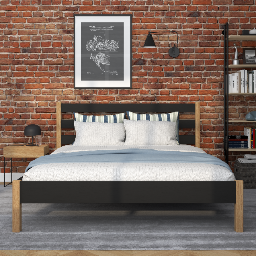 Wooden double bed black and oak – side view, proportions and shape, bedroom
