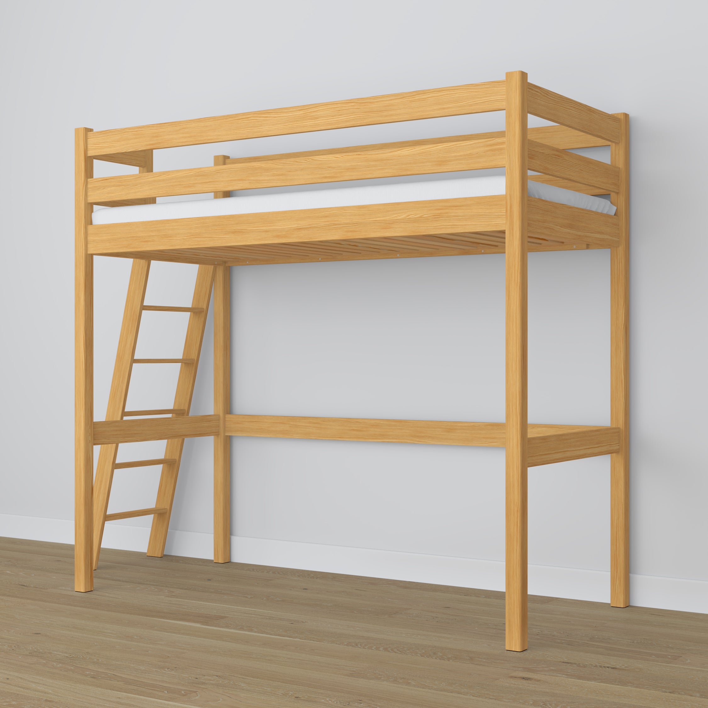 Loft bed natural pine in children’s room – scandi arrangement, wooden