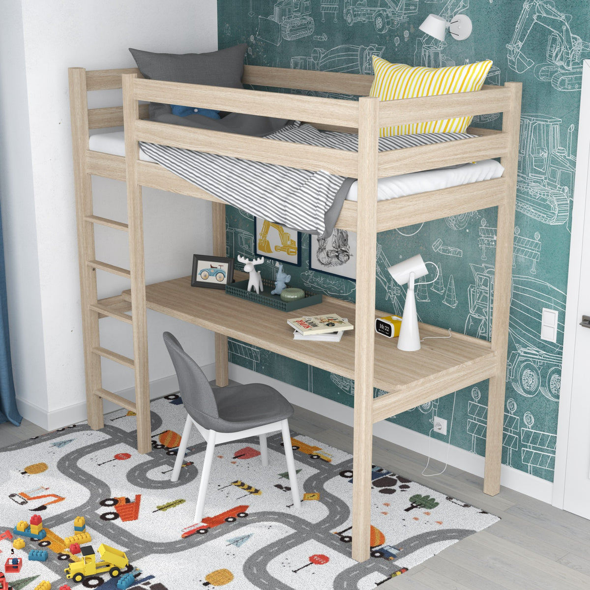 Loft bed bleached oak – oak desk under the sleeping area, scandi children’s room