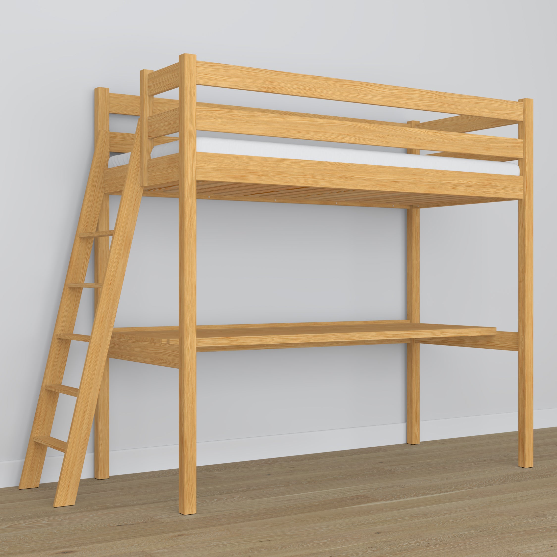 Natural Pine Wooden Loft Bed with Desk – Ladder and Safety Rail