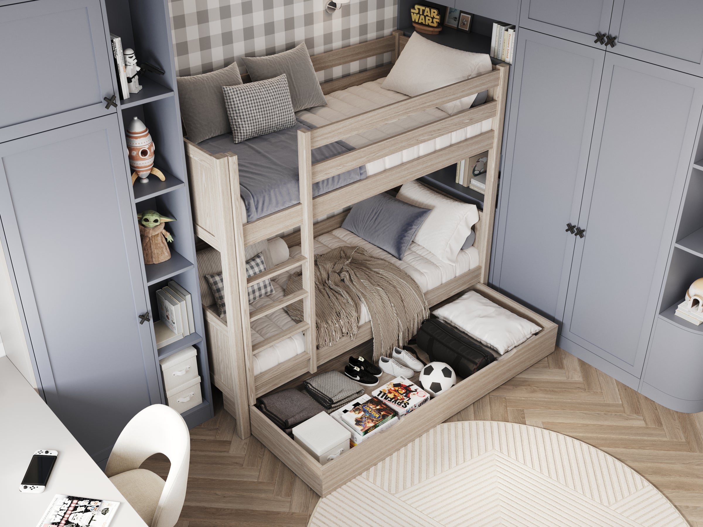 Bleached Oak Bunk Bed for Children – Two Sleeping Areas and Drawer, Oak