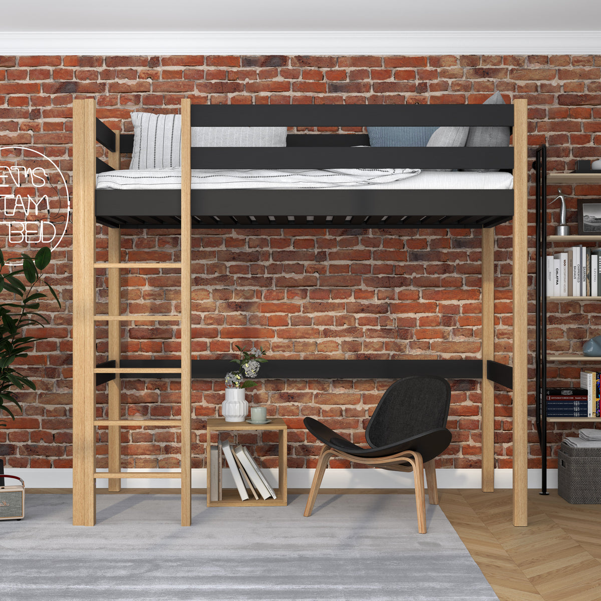 Loft bed black/oak – wooden ladder and safety rail, Nizio Home