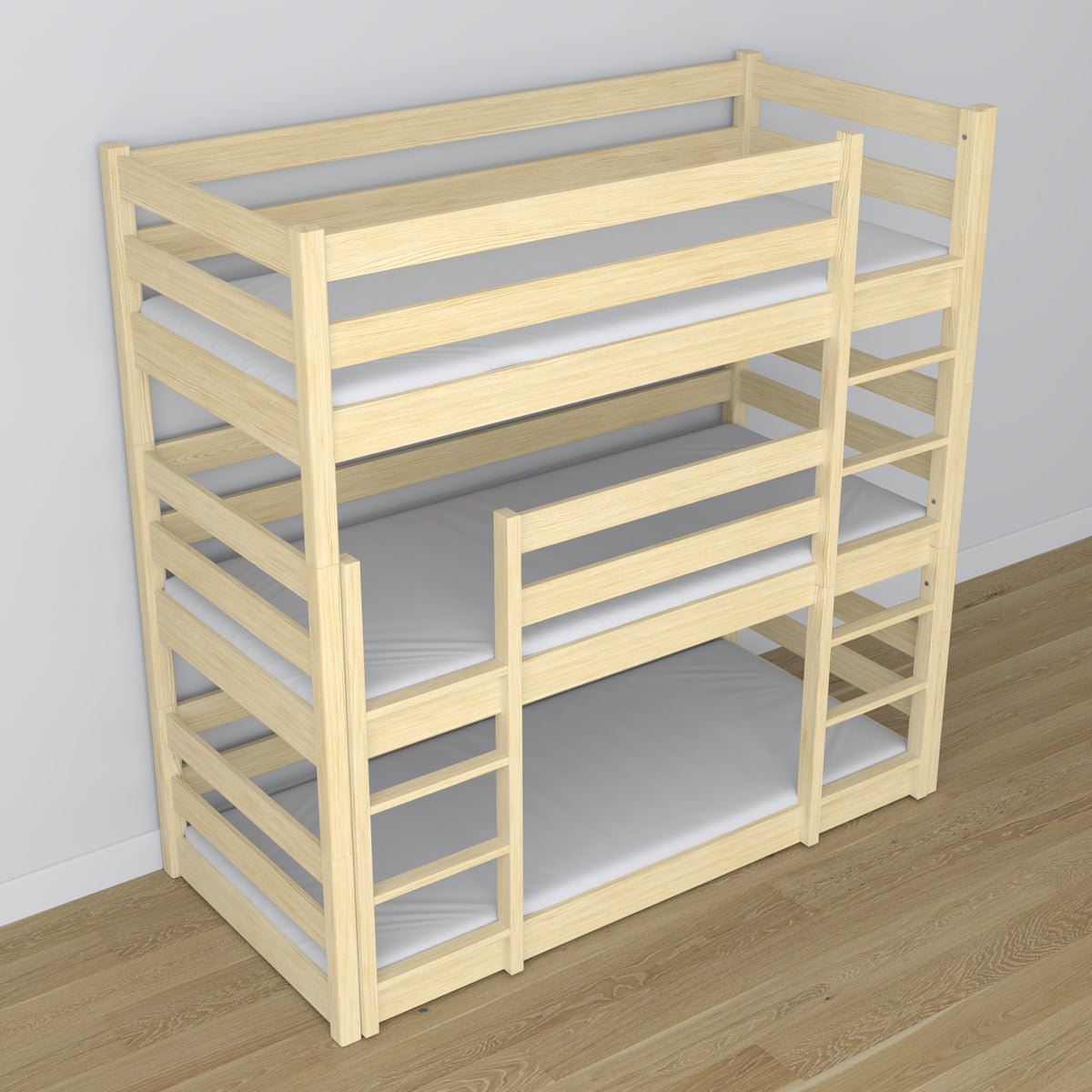 Triple bunk bed clear pine in children’s room – scandi arrangement, Nizio