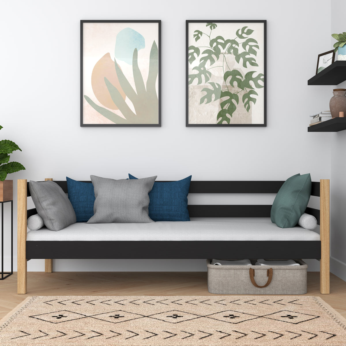 Łóżko sofa drewniane czarno-dębowy – pokój dziecięcy, styl skandynawski Nizio