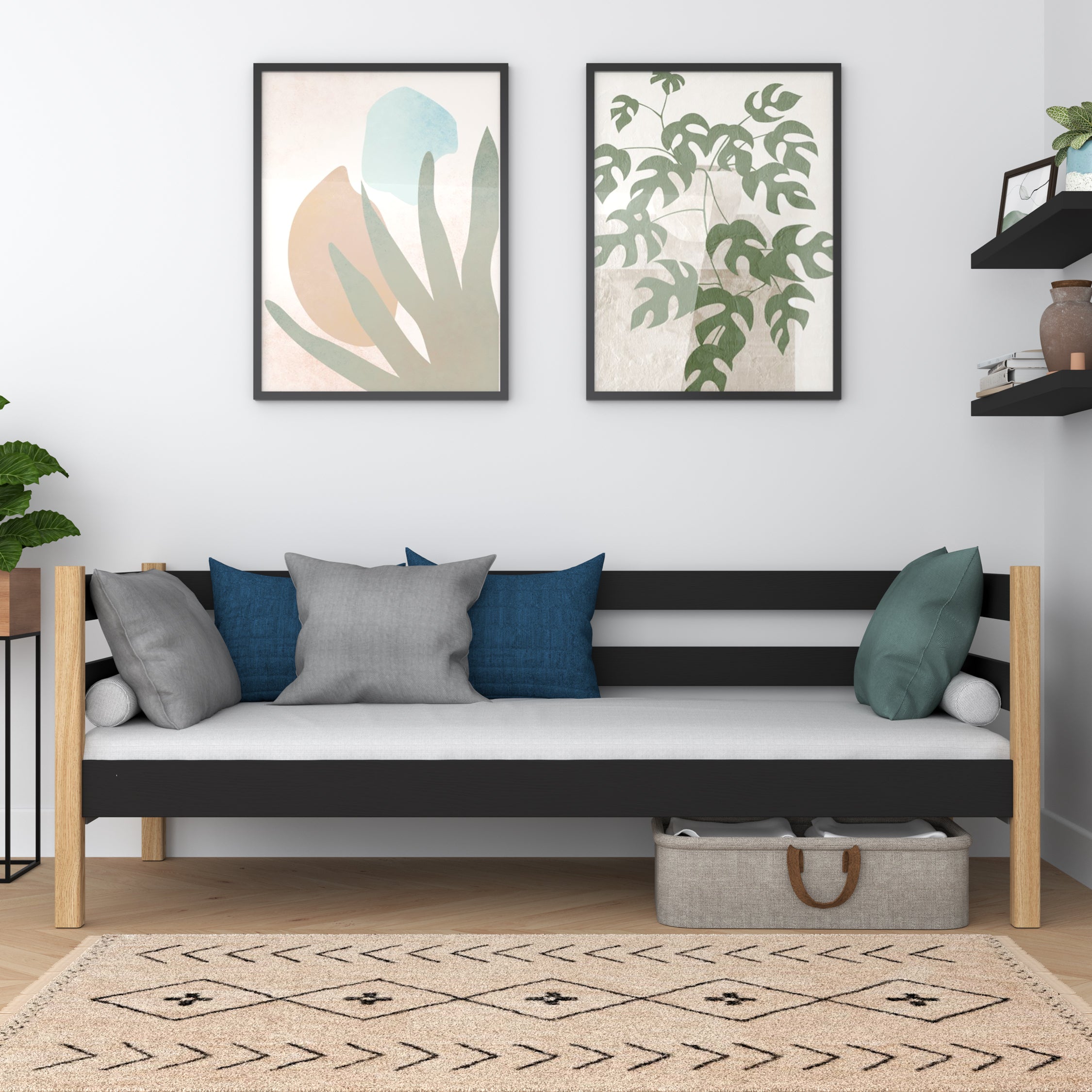 Łóżko sofa drewniane czarno-dębowy – pokój dziecięcy, styl skandynawski Nizio
