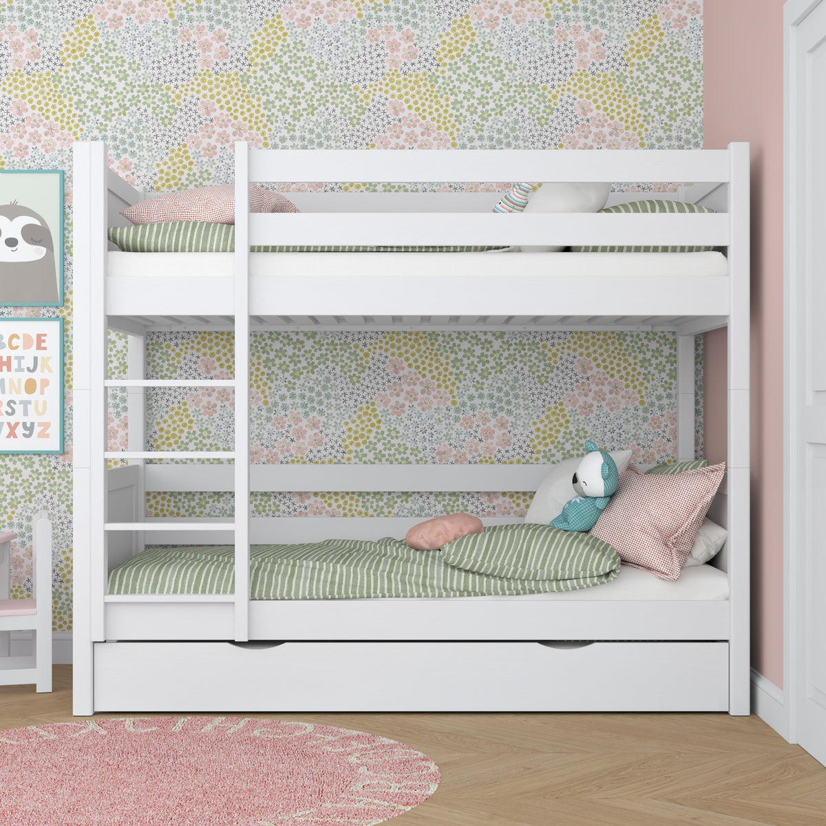 White Wooden Bunk Bed – Ladder, Rails, Drawer for Extra Mattress