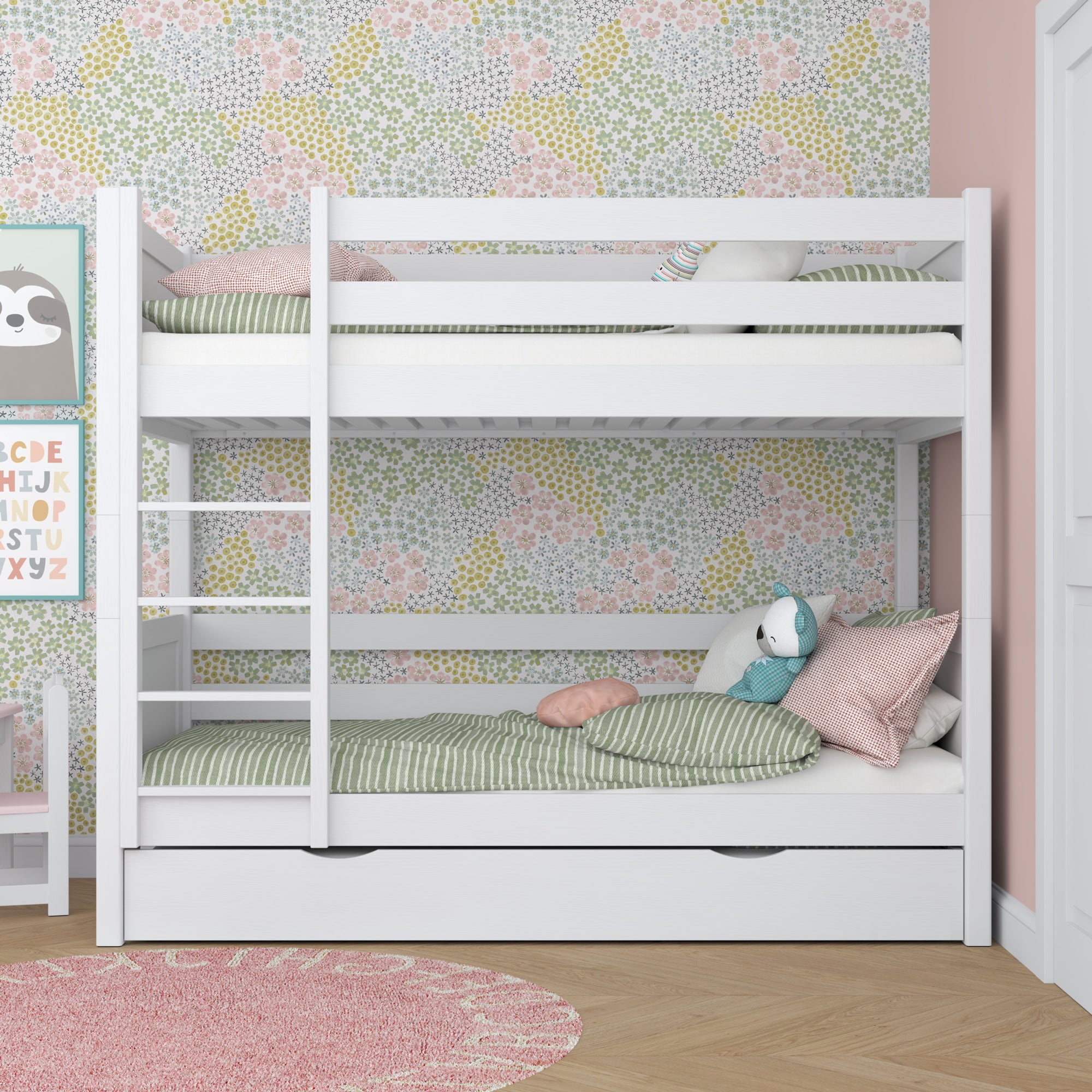 White Wooden Bunk Bed – Ladder, Rails, Drawer for Extra Mattress