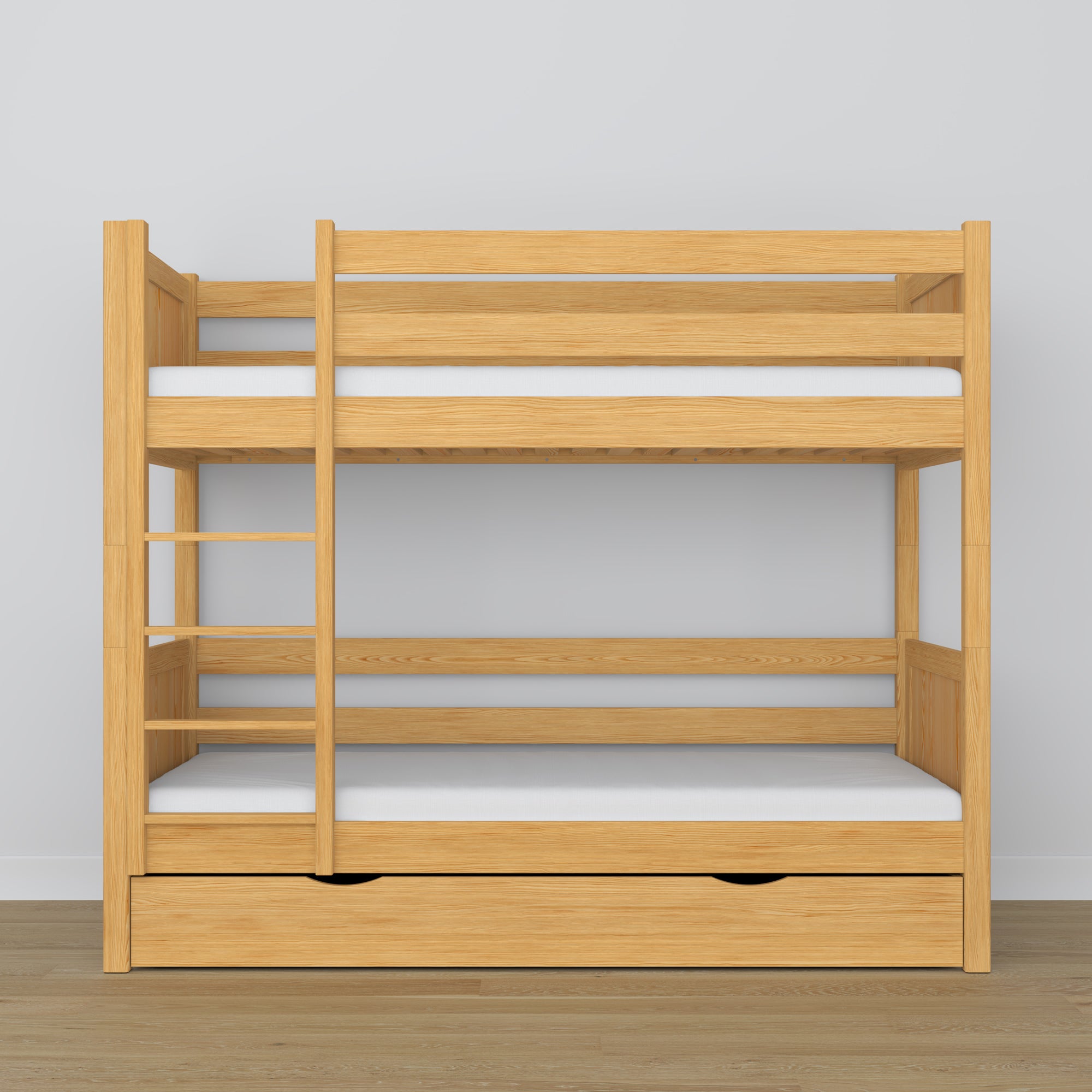 Natural Pine Bunk Bed with Drawer – Wooden Safety Rail and Ladder, Nizio
