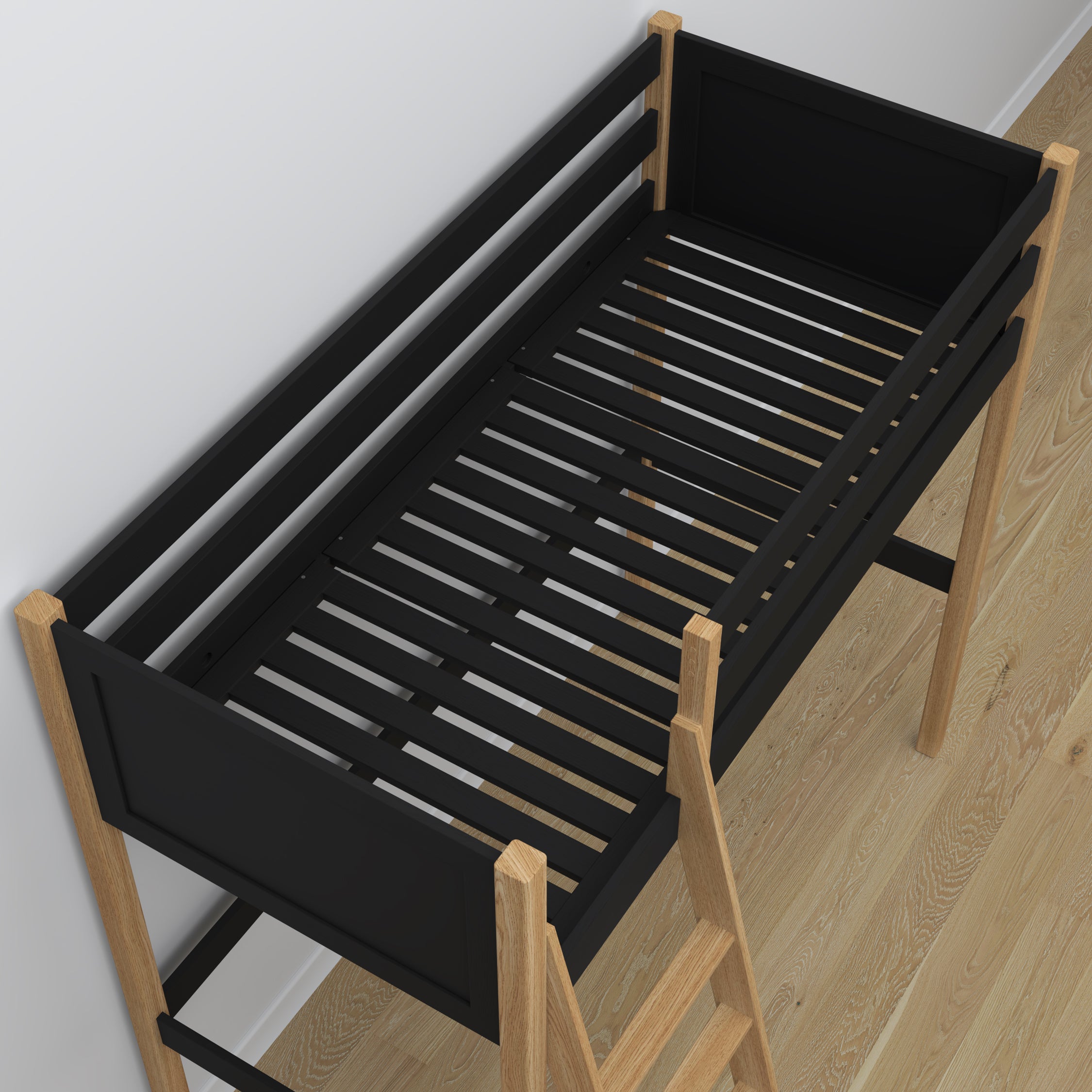 Loft bed black/oak in children’s room – scandi arrangement, wooden