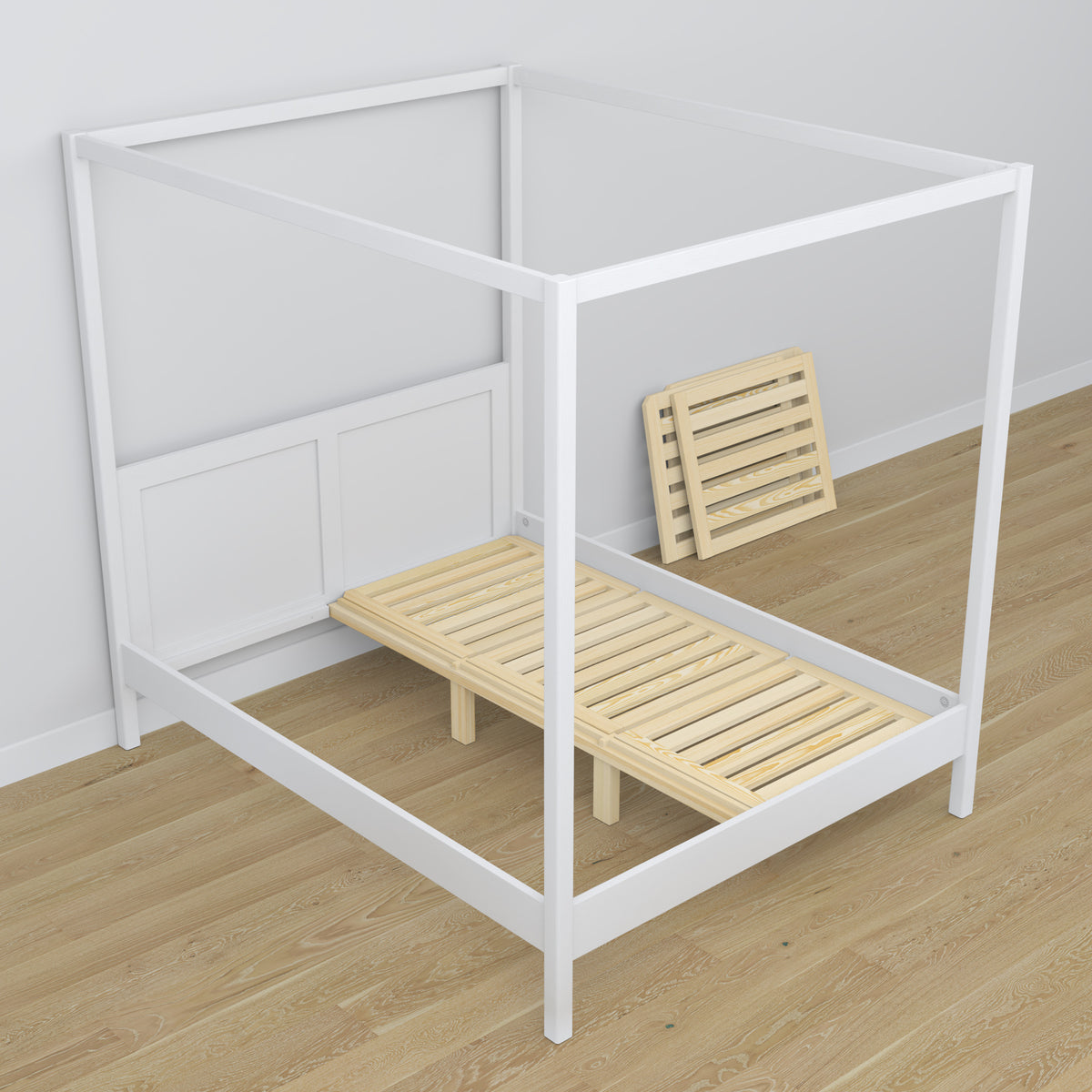 White canopy bed made of wood – side view, scandi style