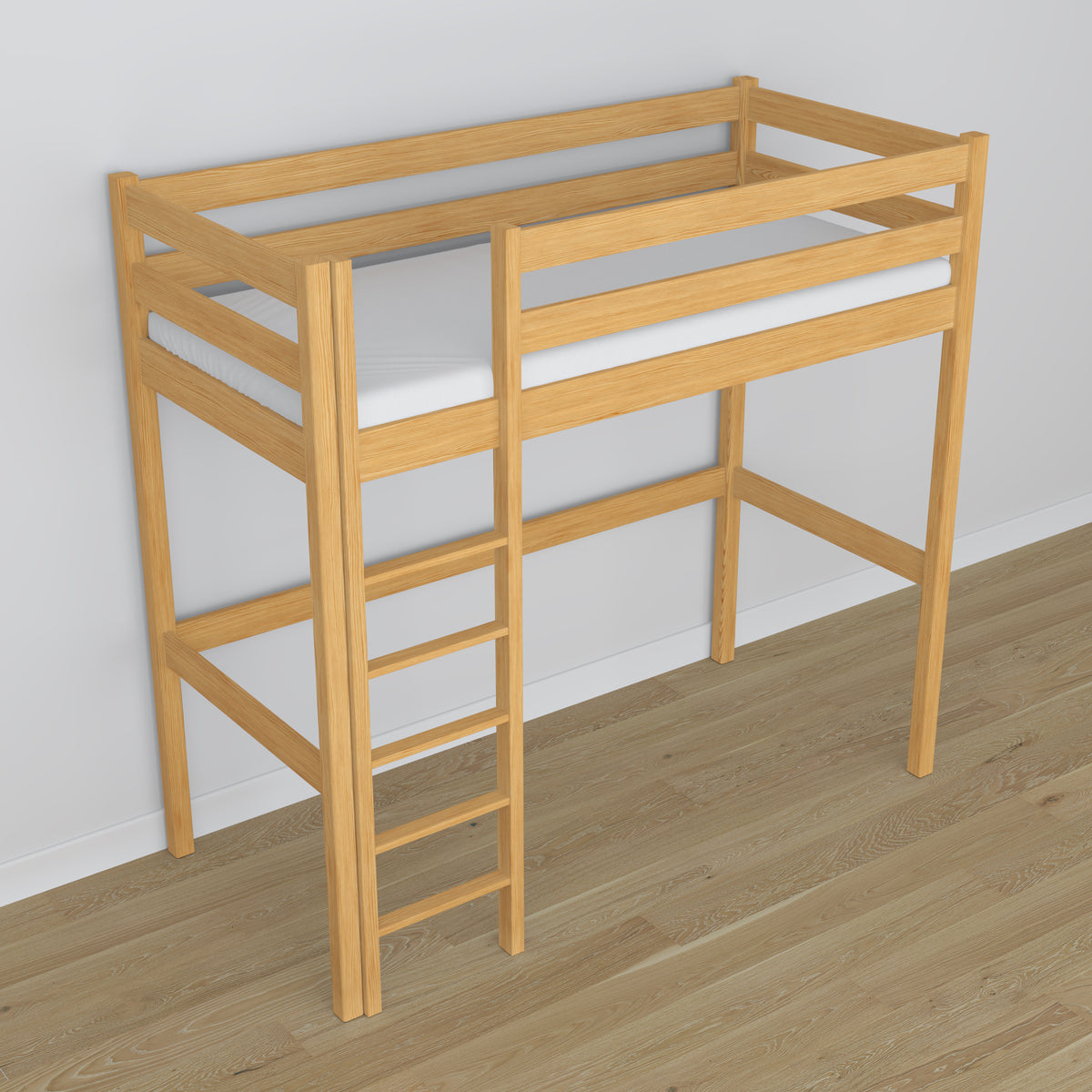 Loft bed natural pine wooden – top view of the sleeping area