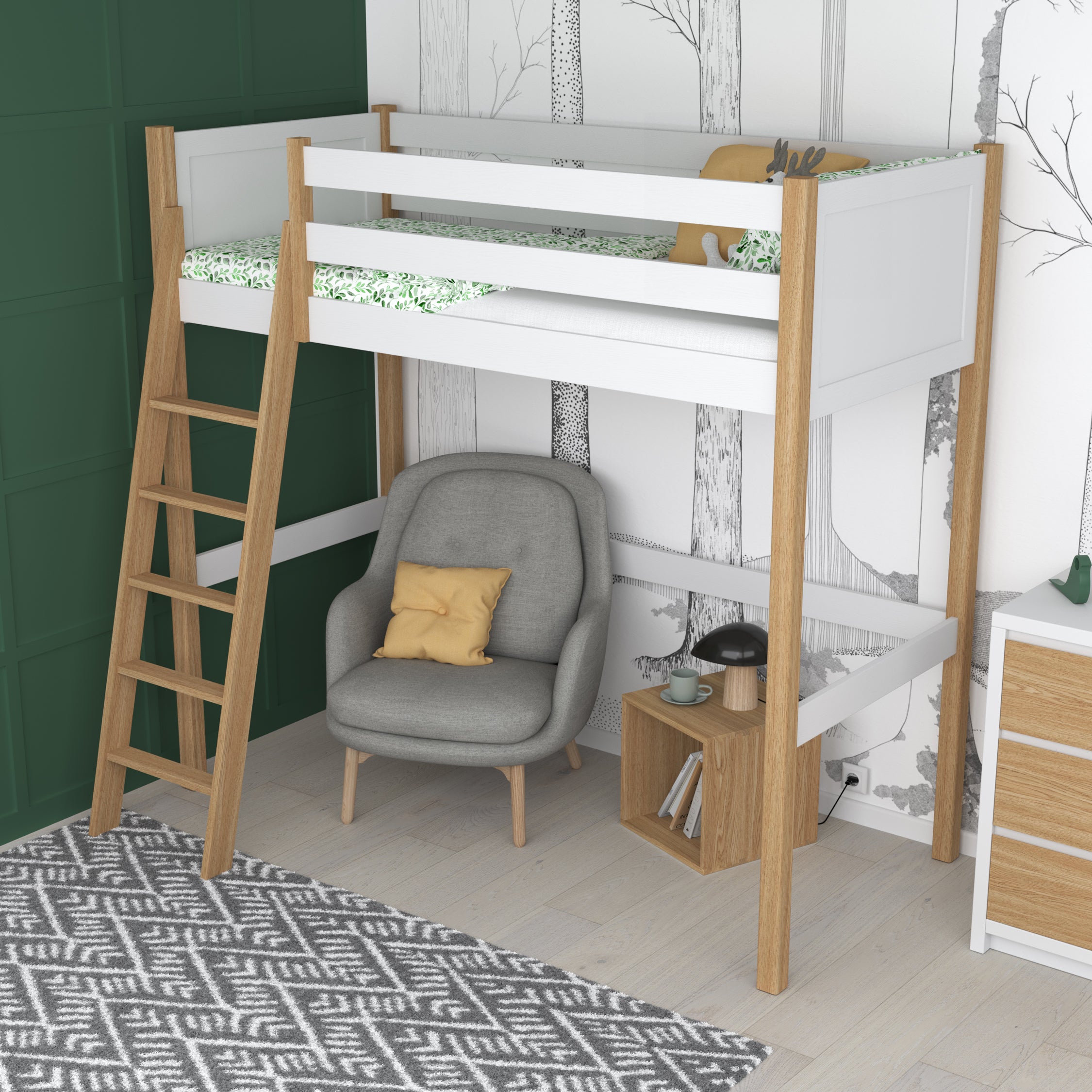 Loft bed white/oak in children’s room – scandi arrangement, wooden