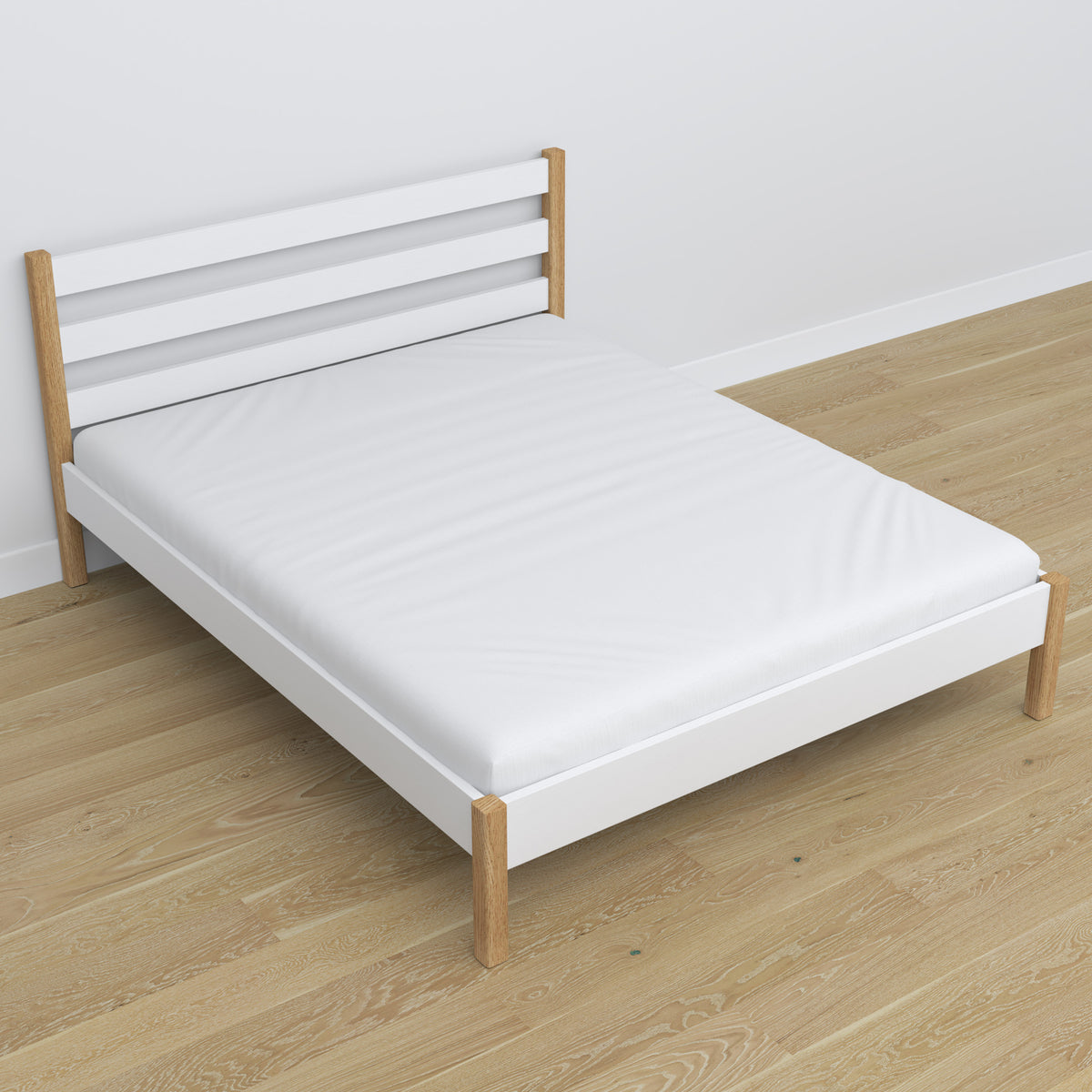 Double bed white and oak in bedroom – bedding arrangement with bedding, scandi style