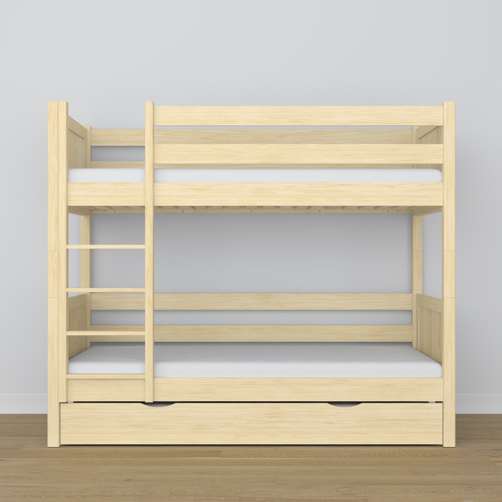 Clear Pine Bunk Bed with Mattress Drawer – Safety Rail, Wooden, Nizio Home