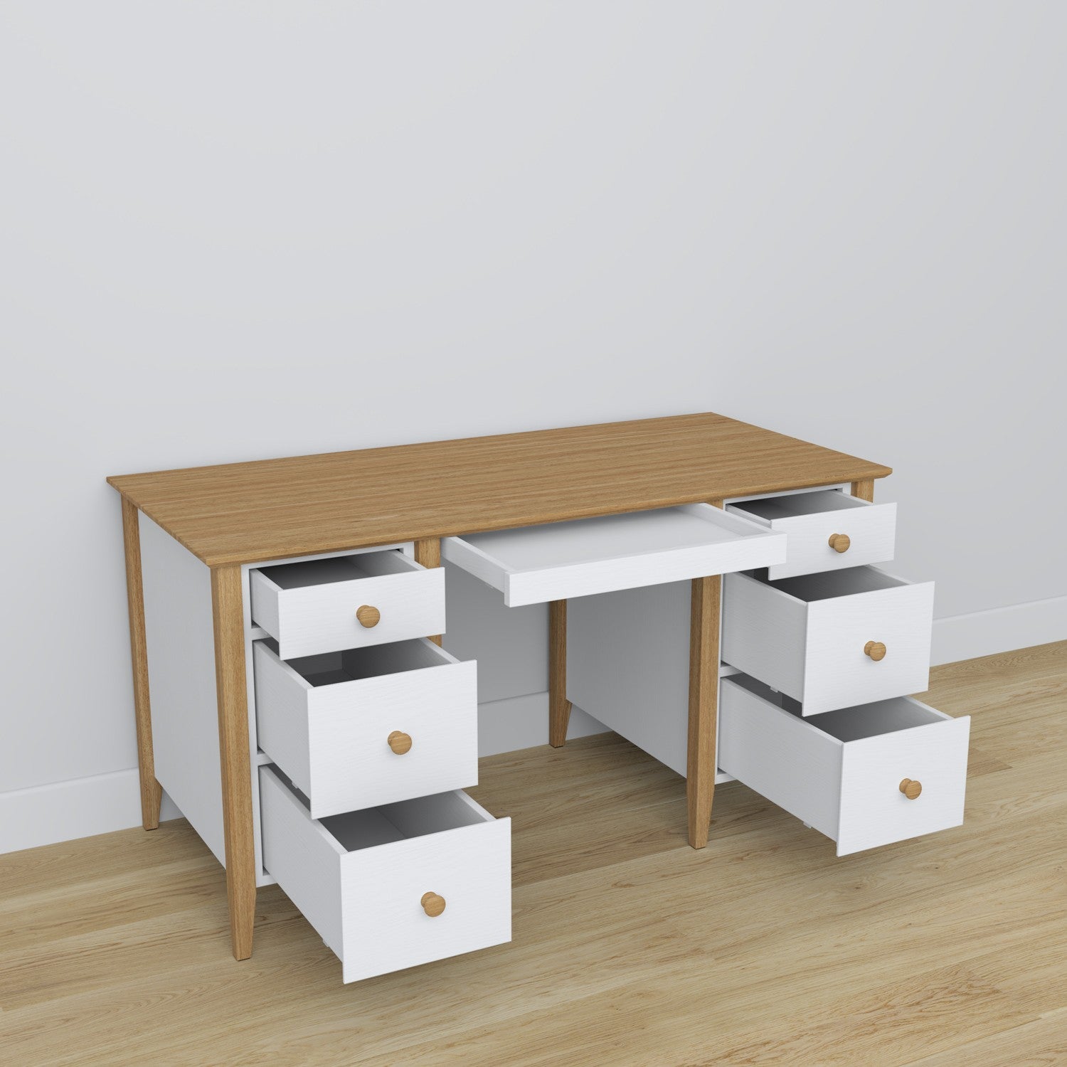 Desk 6S wooden white with oak – open drawers, document storage compartments