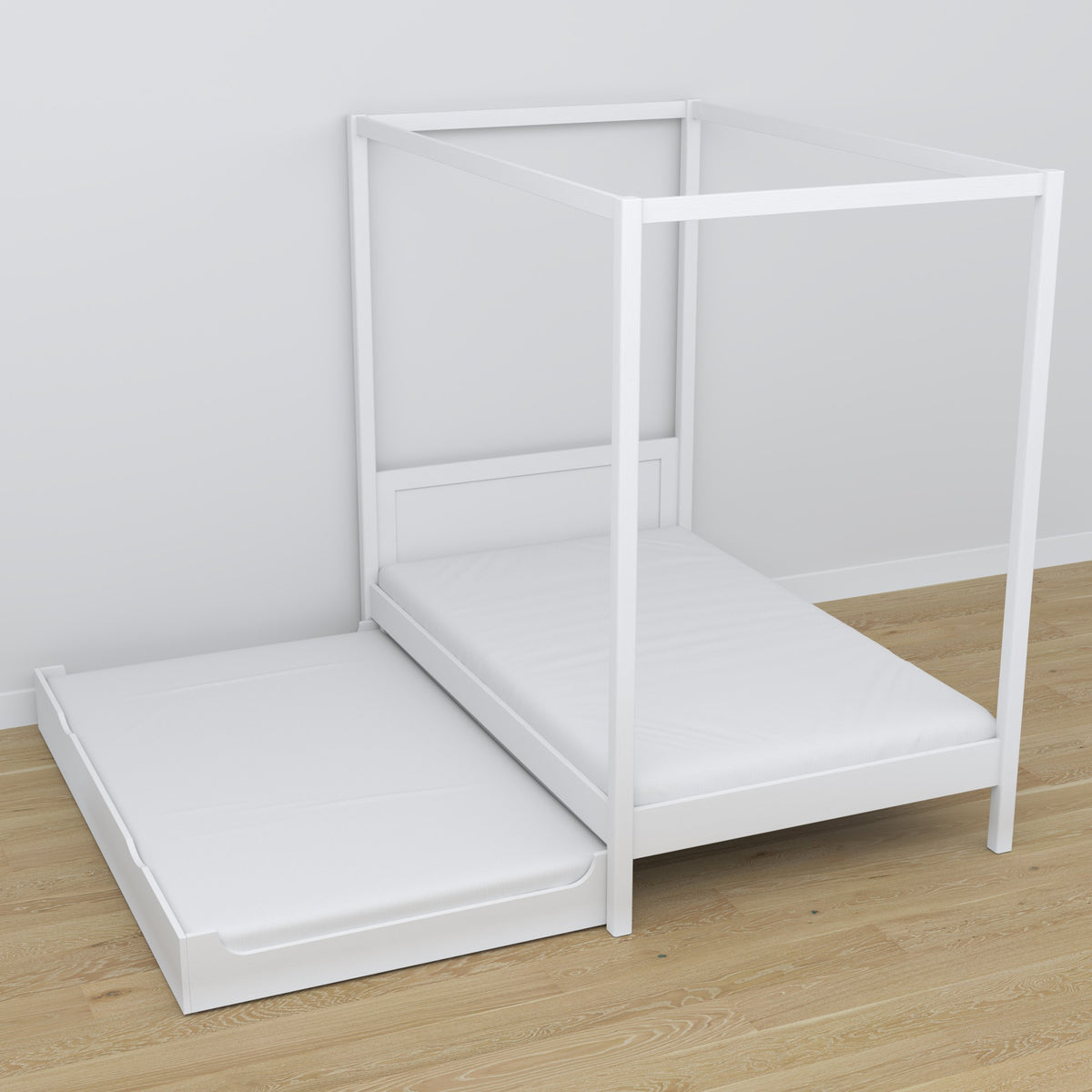 Wooden canopy bed white – extended drawer, guest sleeping space