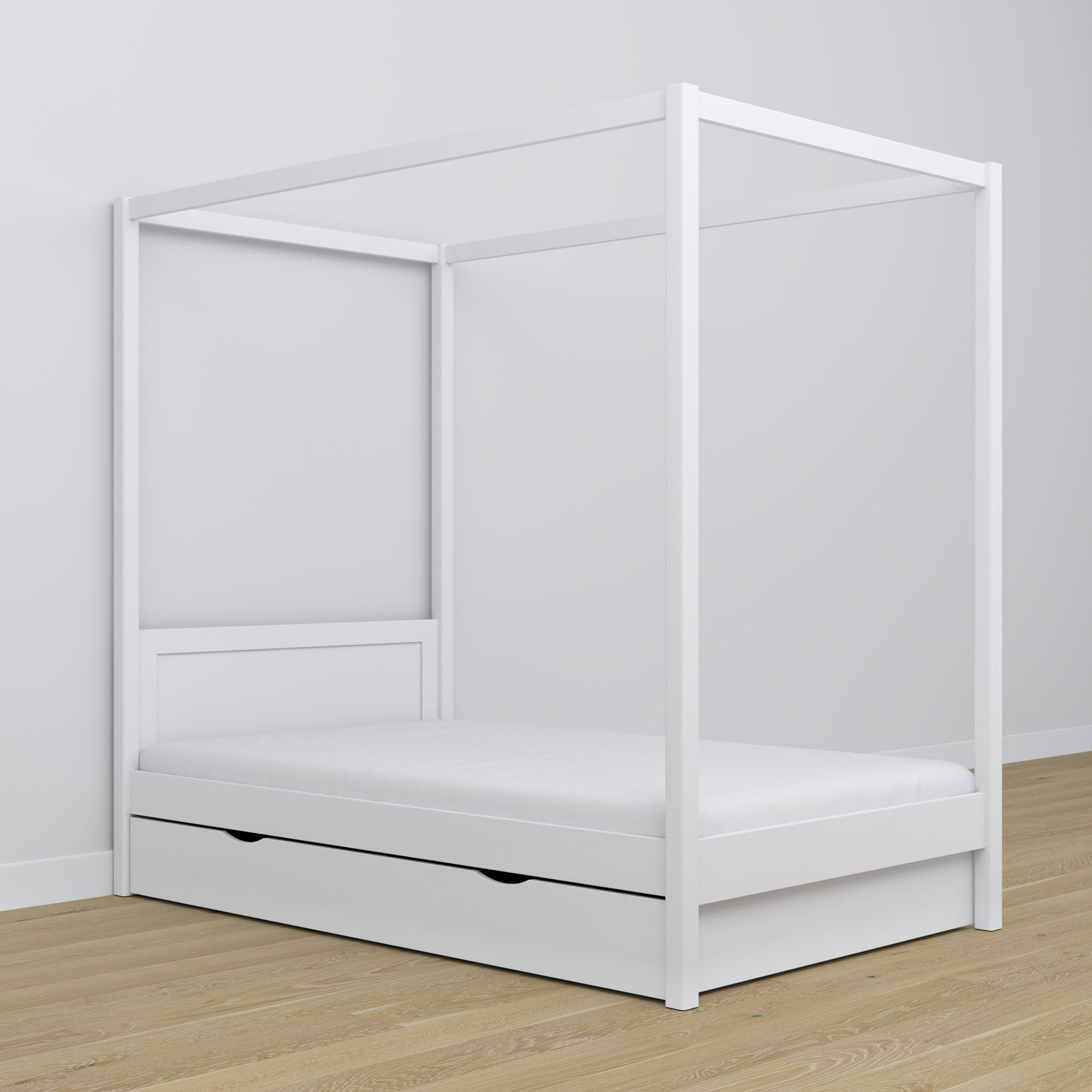 Wooden white canopy bed in a child’s room – scandi arrangement