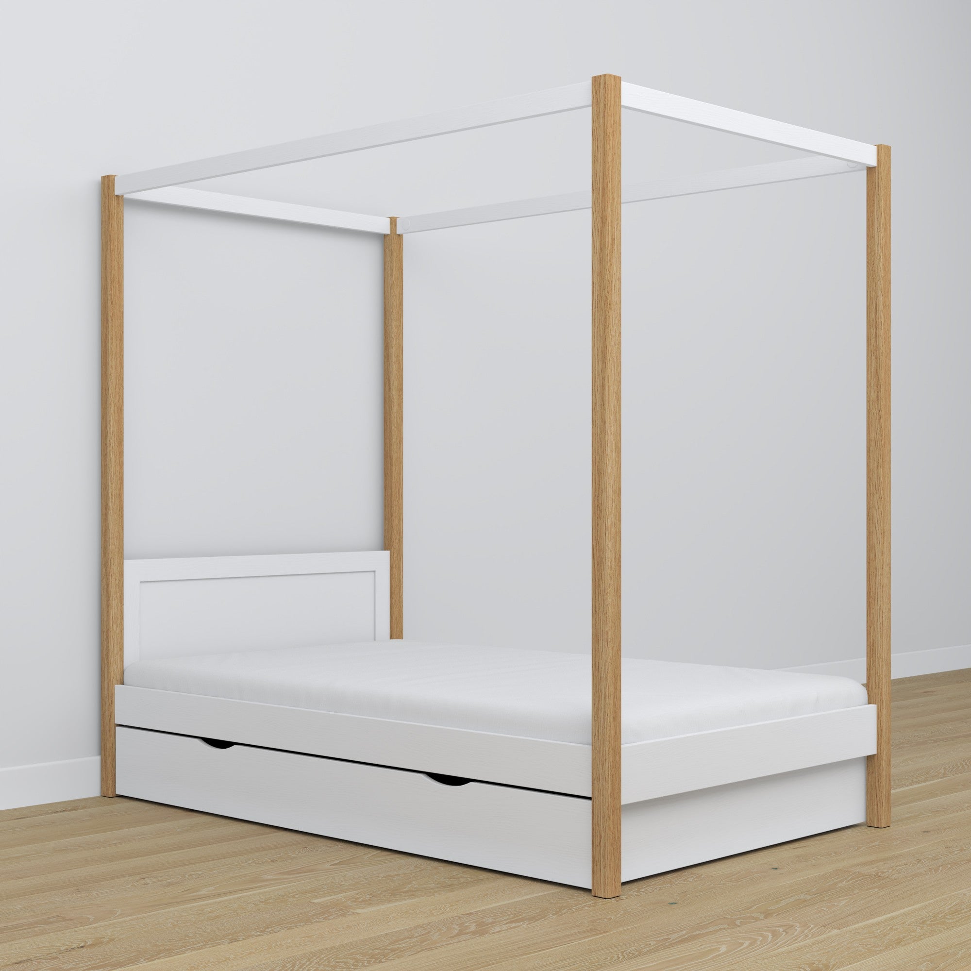 Wooden canopy bed white-oak in a child’s room – scandi arrangement