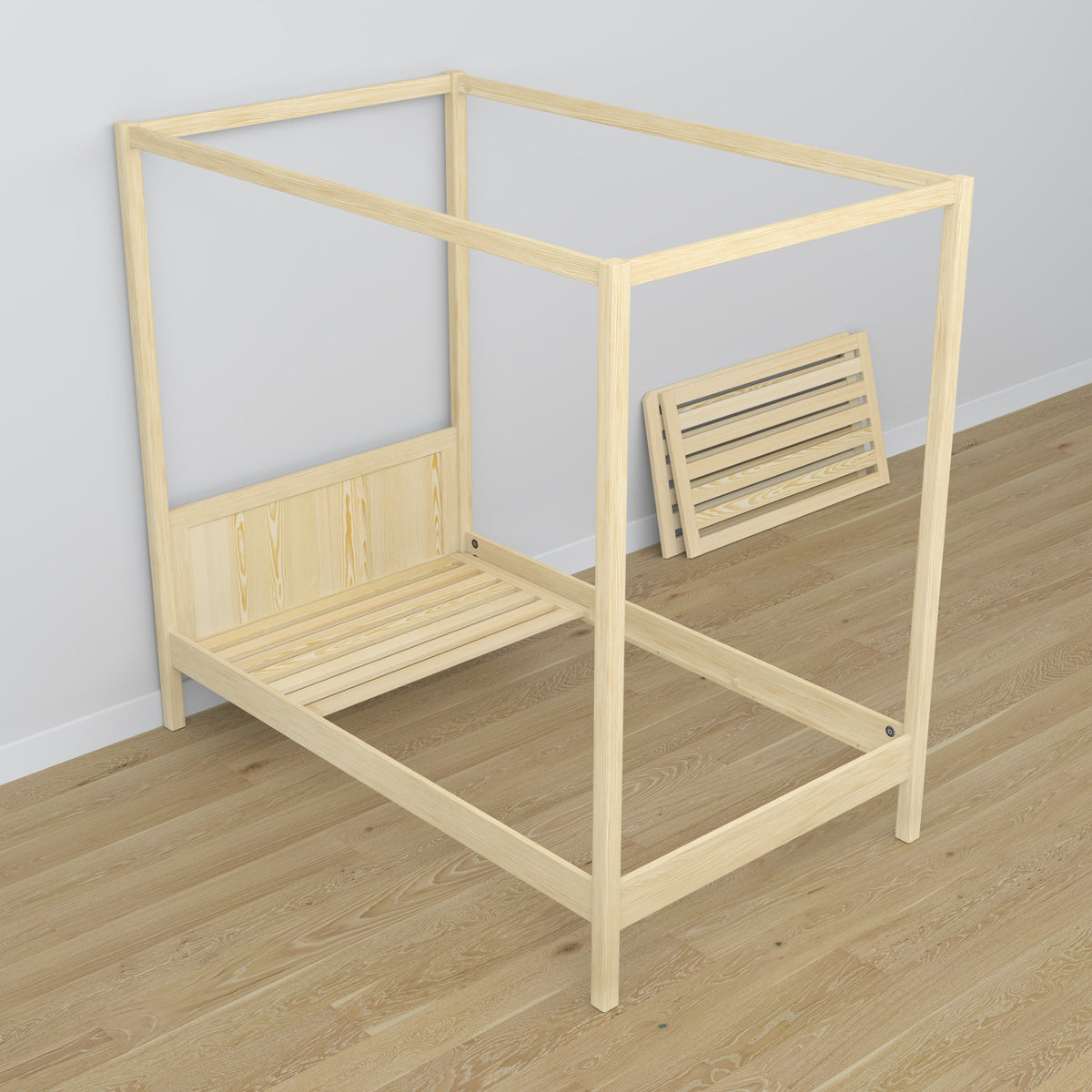 Clear pine canopy bed in a child’s room – scandi arrangement