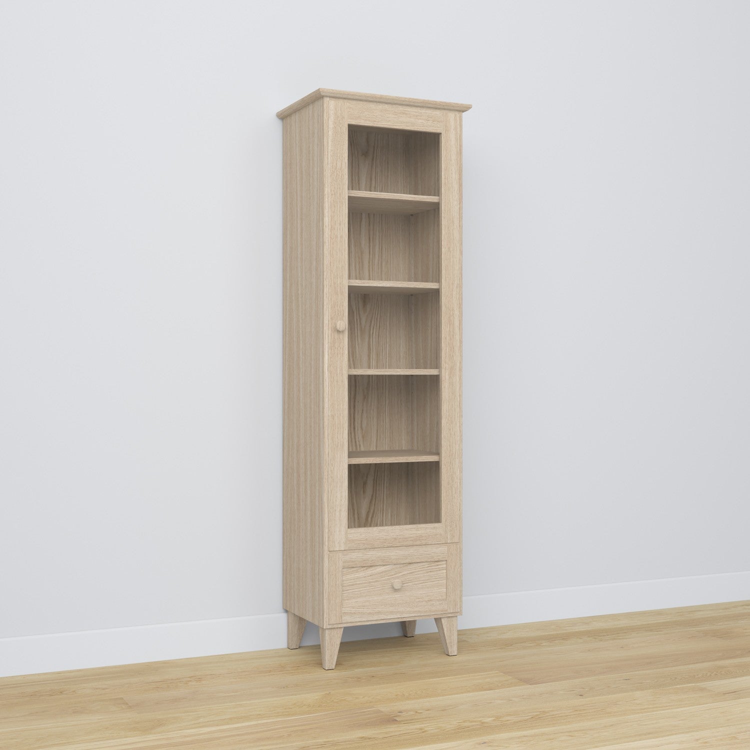 Display cabinet 1S oak bleached oak – open doors, shelves and drawer inside