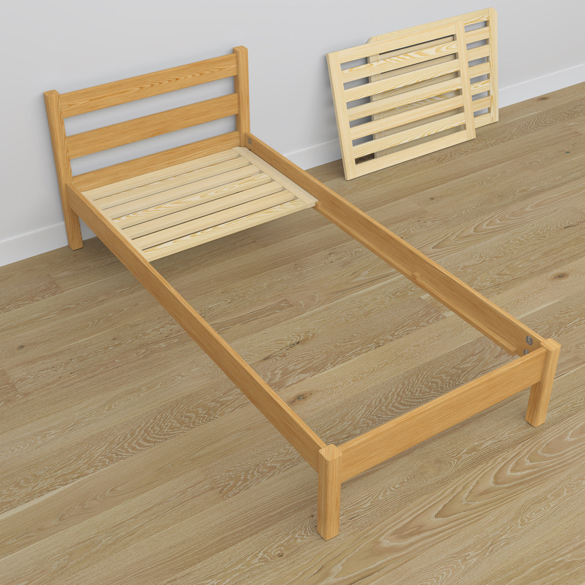 Wooden bed with drawer natural pine – headboard, close-up of wood quality