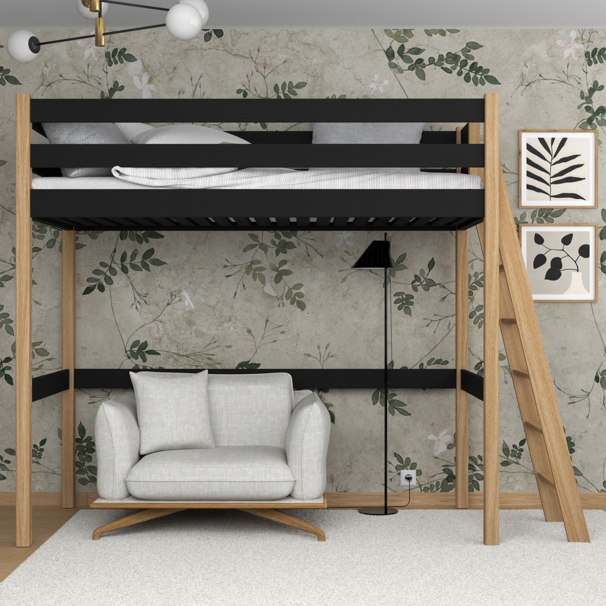 Loft bed black/oak – wooden ladder and safety rail, Nizio Home