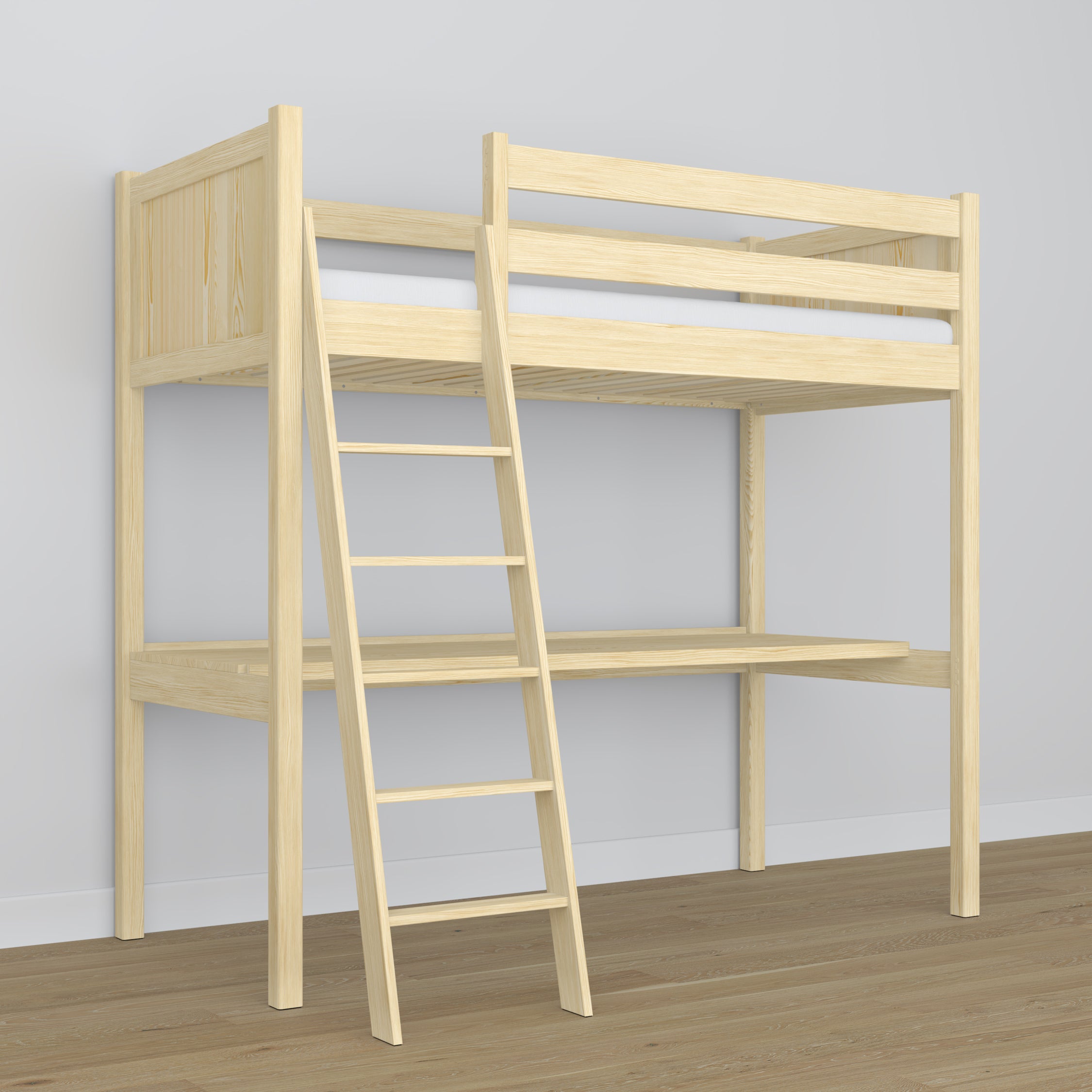 Loft bed clear pine – wooden desk under the sleeping area, scandi children’s room