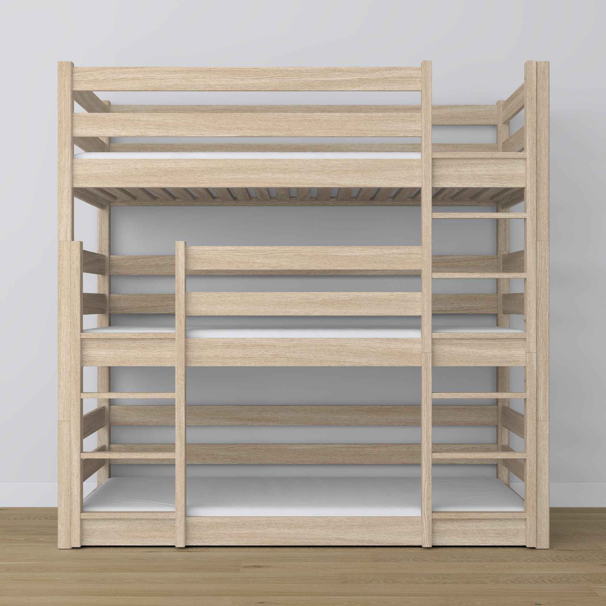 Triple bunk bed bleached oak – ladder and safety rails, wooden