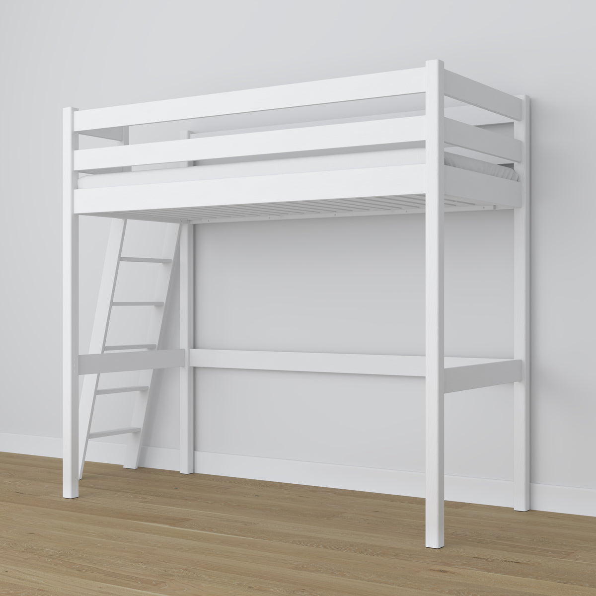 White Wooden Loft Bed – Slatted Frame, Side View