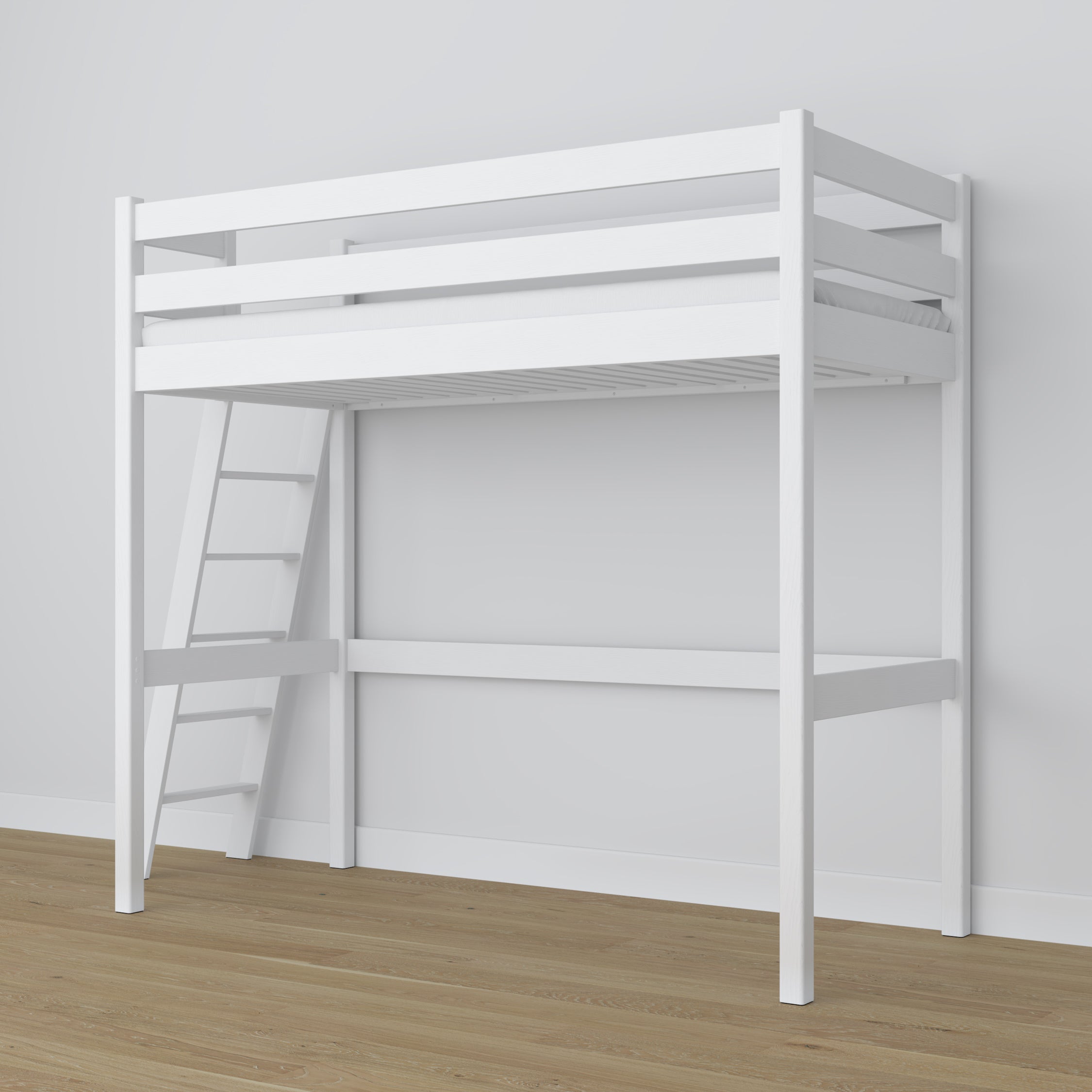 White Wooden Loft Bed – Slatted Frame, Side View