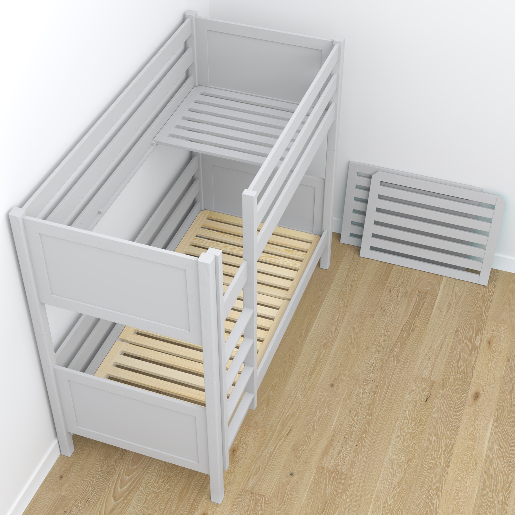 Bunk Bed with Mattress Drawer Grey Wooden – Solid Wood, Scandi Style