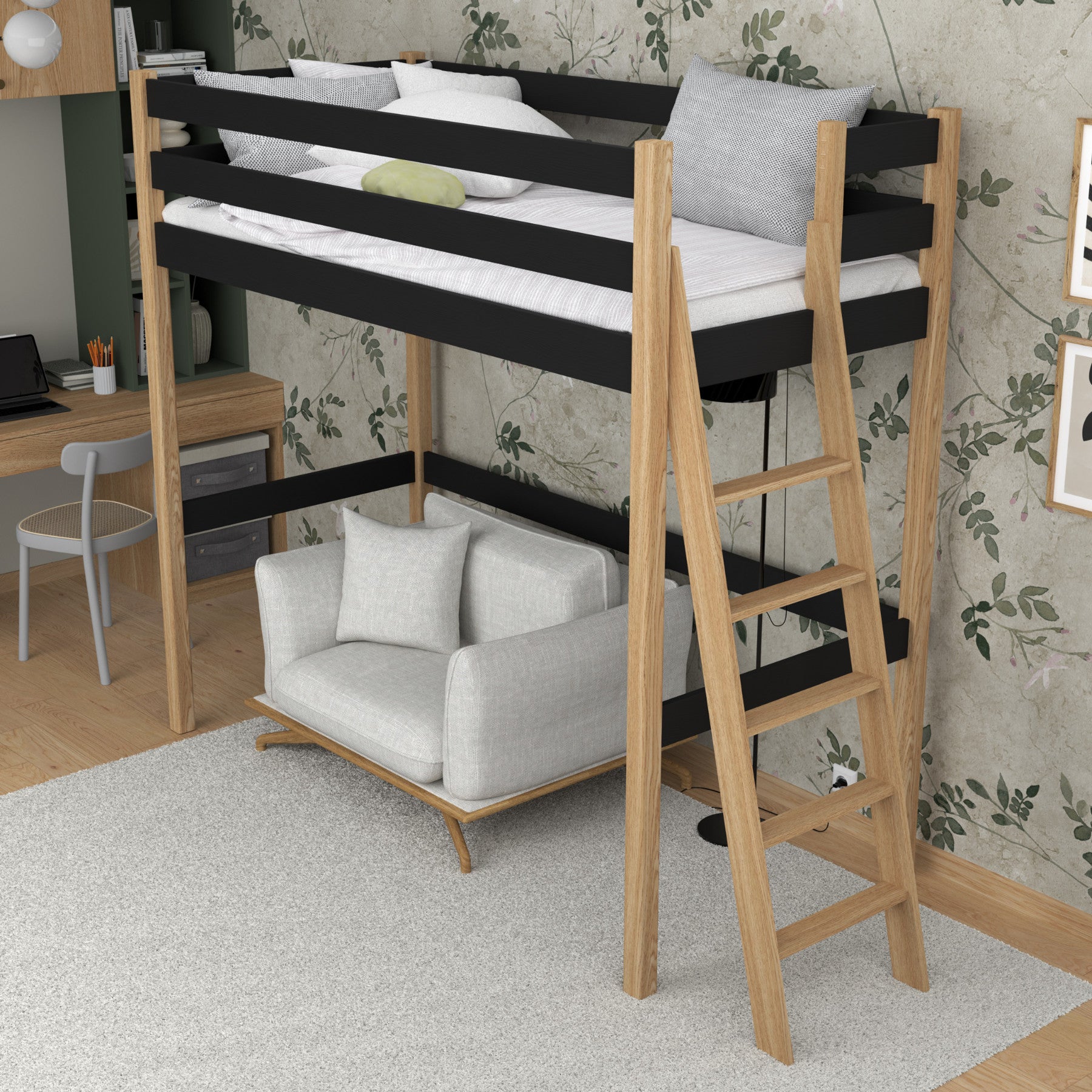 Loft bed black/oak in children’s room – scandi arrangement, wooden