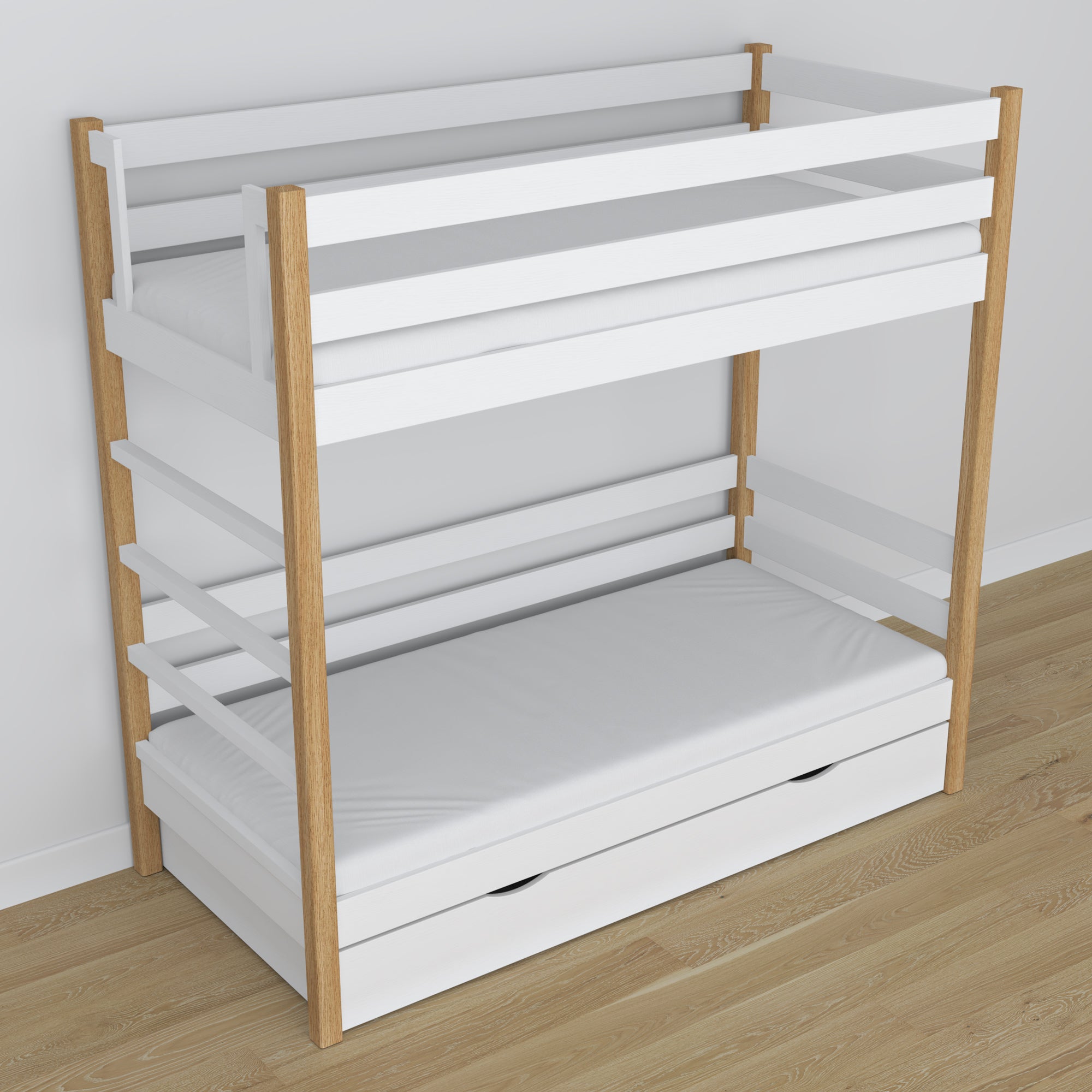 White and Oak Wooden Bunk Bed with Drawer – Dimensions and Diagram, Nizio