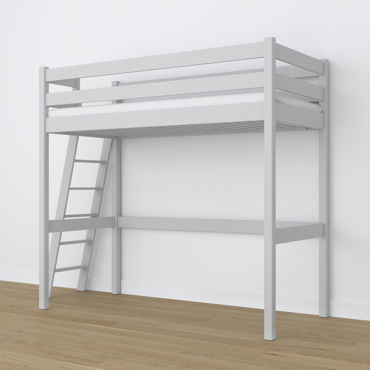Loft bed grey wooden – top view of the sleeping area