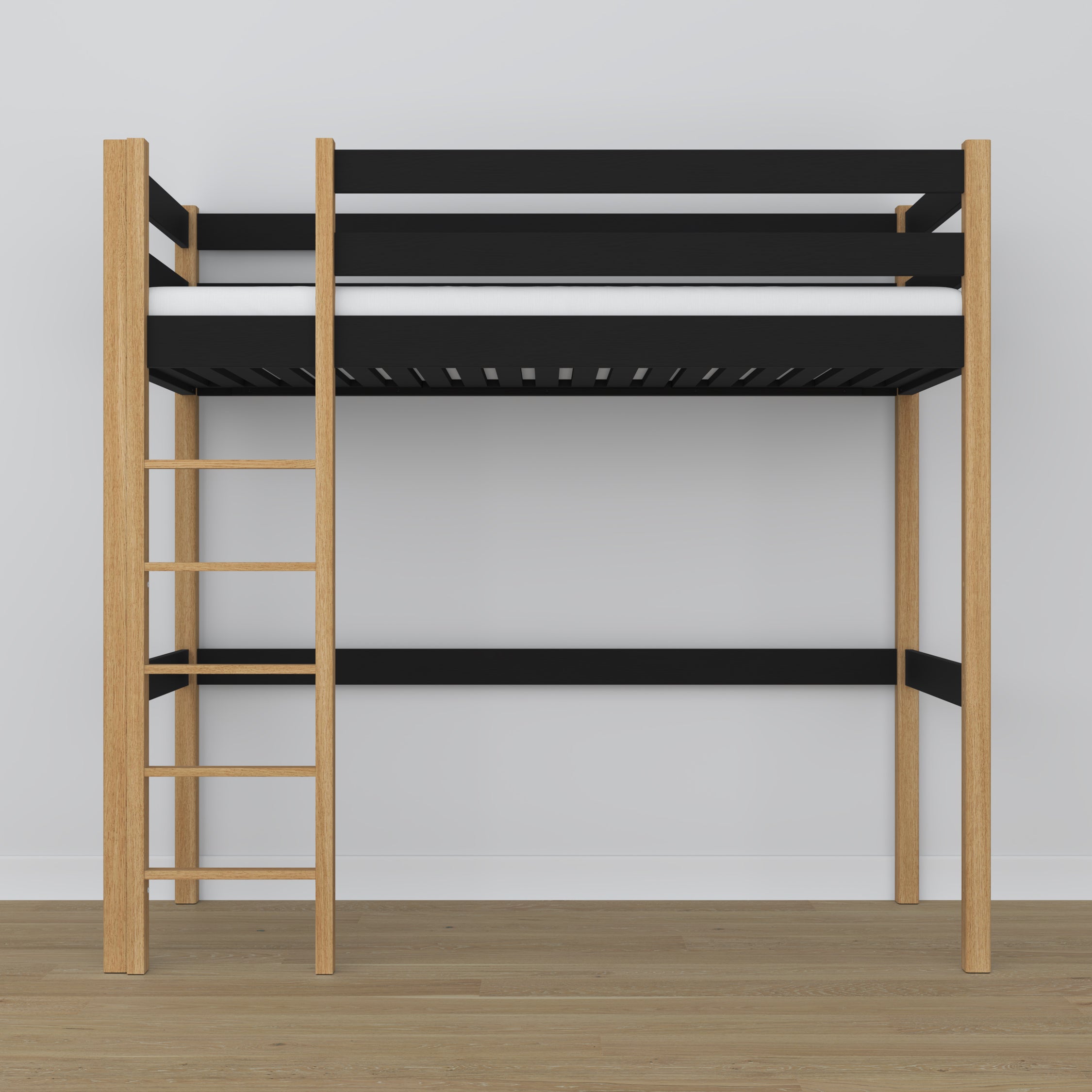 Black and Oak Wooden Loft Bed – Slatted Frame, Side View