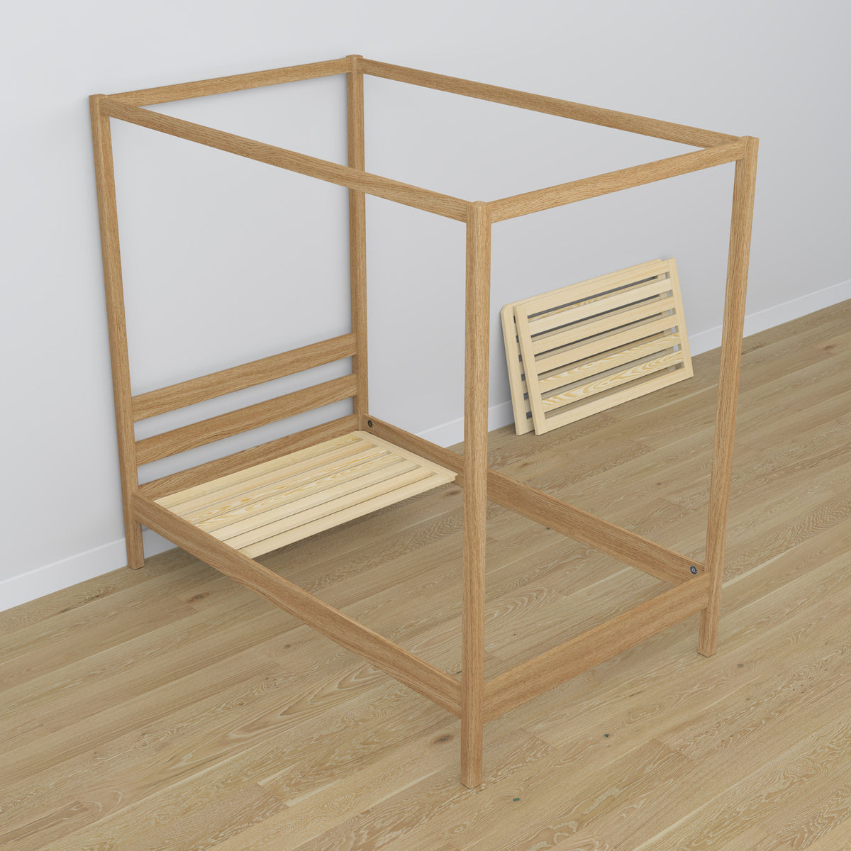 Natural oak canopy bed with drawer made of oak – dimensions, Nizio