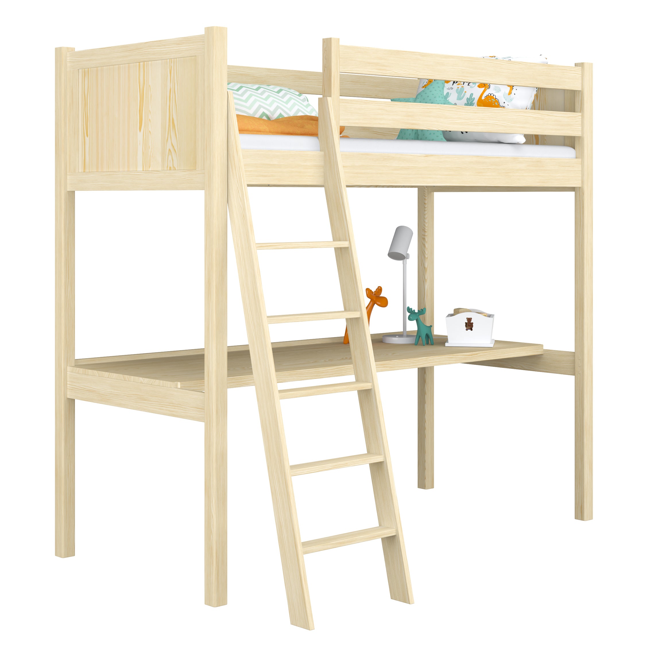 Clear Pine Wooden Loft Bed with Desk – Children’s Room, Scandi Nizio