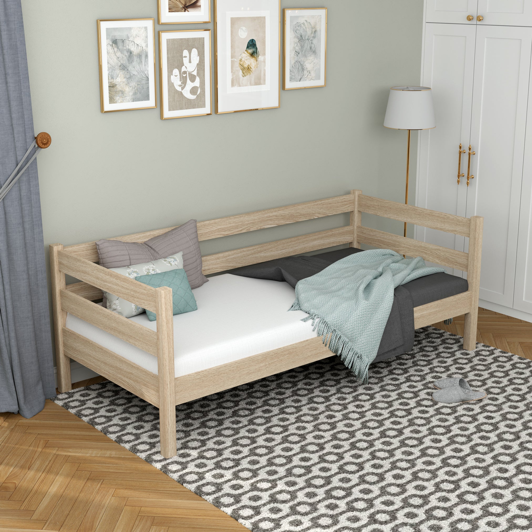 Łóżko sofa dąb bielony w pokoju dziecięcym – aranżacja scandi, dębowe