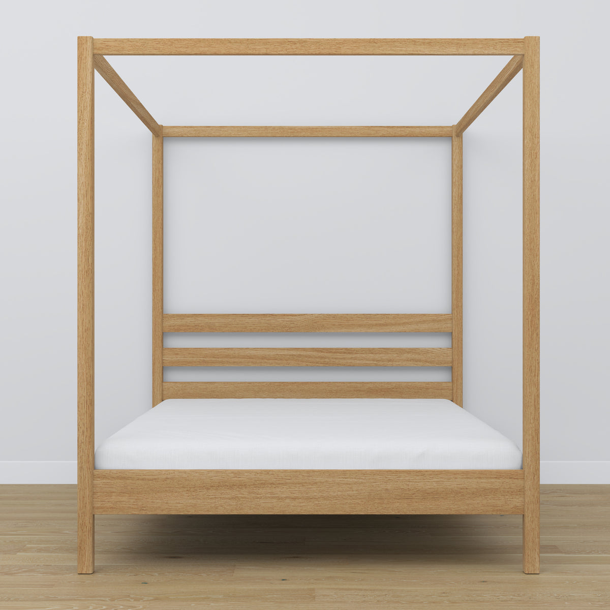 Oak double bed with canopy natural oak – headboard and frame, close-up